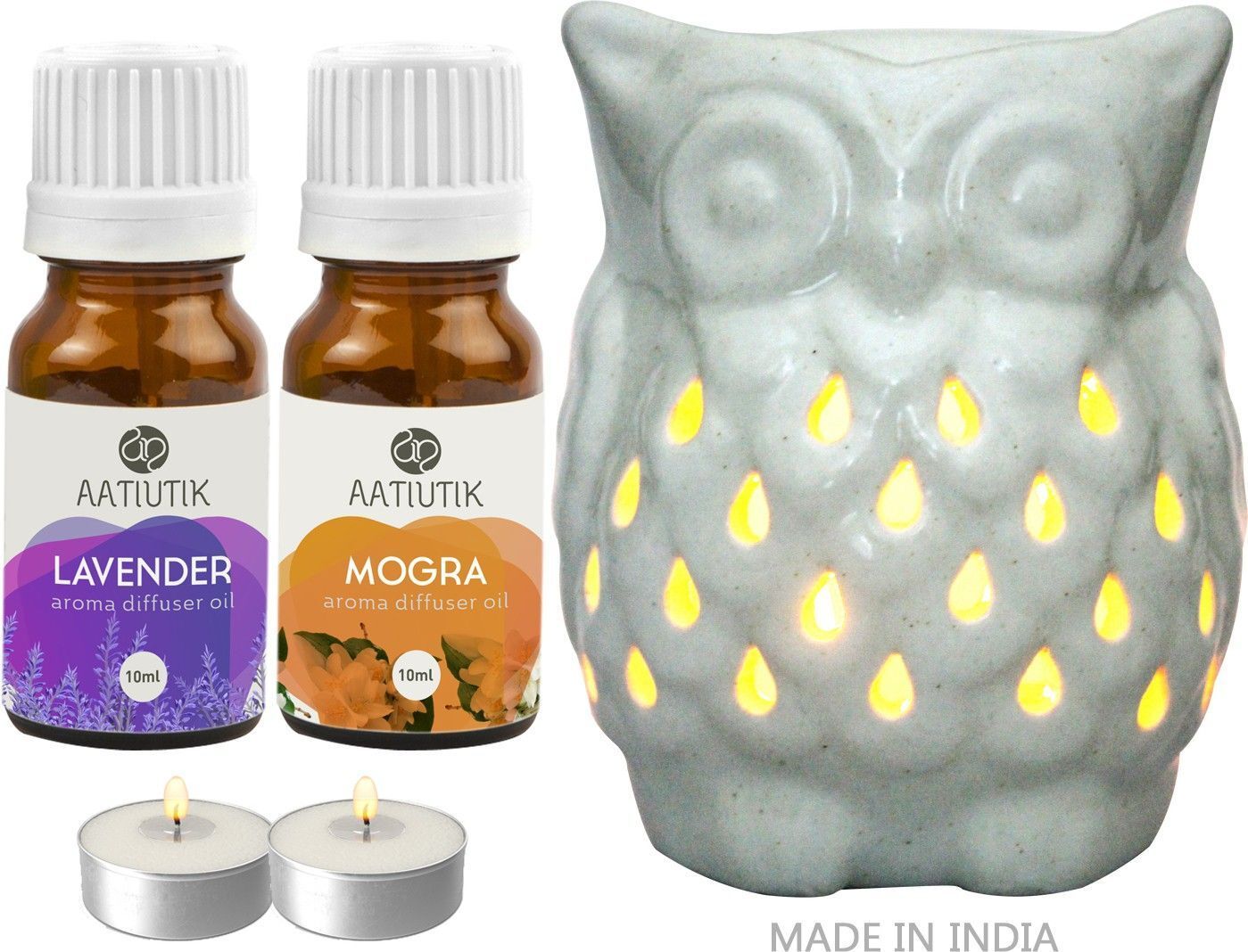 Lavender, Mogra Aroma oil with Owl Shape Tlight Candle Aroma Diffuser-image-26