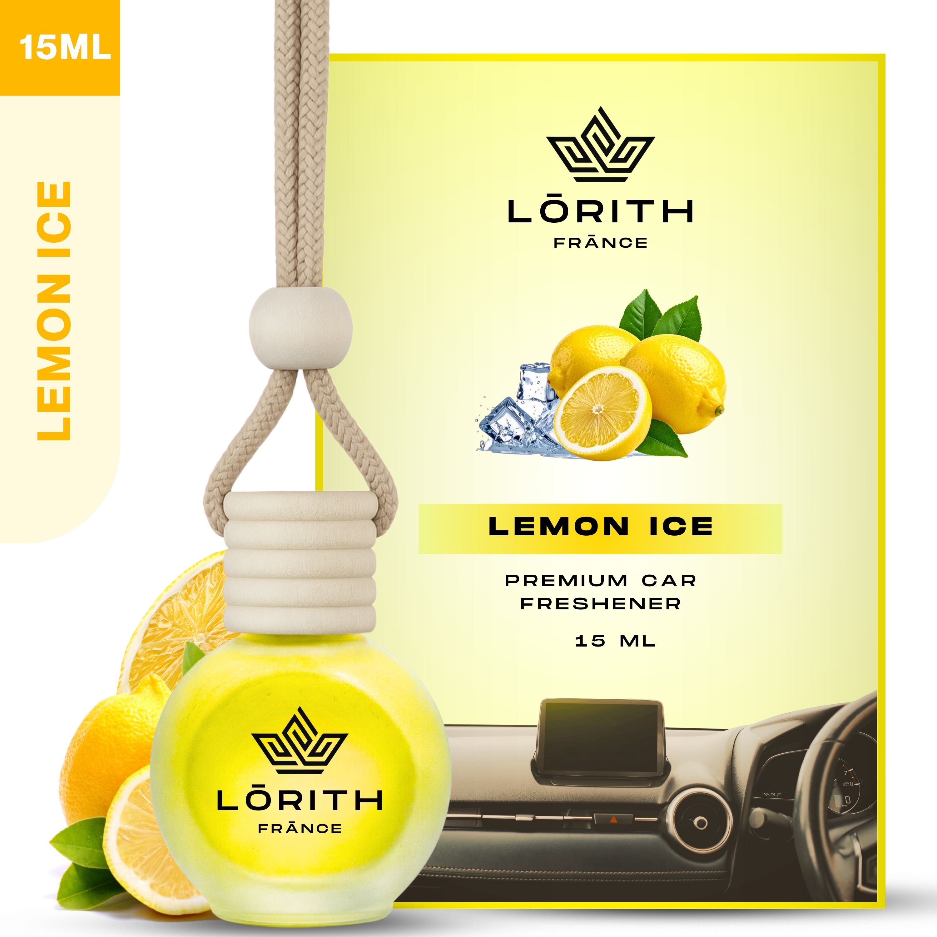 lorith france Lemon Ice Car Freshener Diffuser Set Car Perfume Combo Best Pack of 1 Premium Hanging Car Air Freshener (Lemon Ice) (15ML) Long Lasting Natural Essential Oil Glass Bottle Car Accessories-picture-27