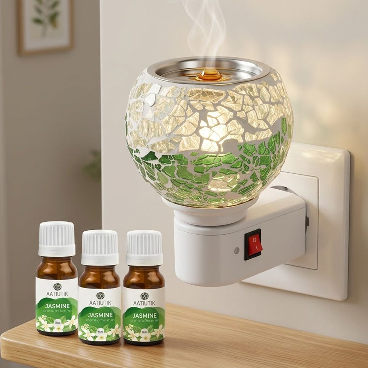 Jasmine Home Fragrance Air Freshener Diffuser Set Premium Electric Camphor Kapoor Dani & Aroma Oil Burner Diffuser with Set of 3 (10ml Each) Aroma Oils| Night Lamp Light | Plug-in Ceramic Mosaic Fragrance Diffuser | Essential Oil Burner | Camphor Burner | Home, Office, Hotel, Spa & Temple Air Freshener (White & Green)-image-17