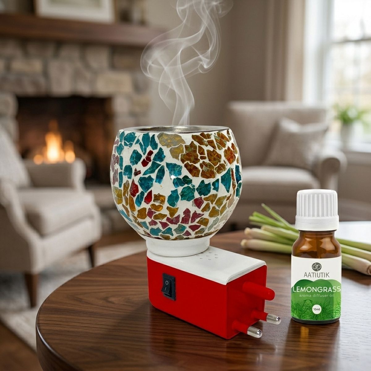 Lemongrass Fragrance Air Freshener Diffuser Set Electric Kapoor Dani Camphor Diffuser with Aroma Oil | Ceramic Essential Oil Burner with Steel Bowl on top | Plug-in Fragrance Diffuser for Home, Office & SPA, Hotel-image-37