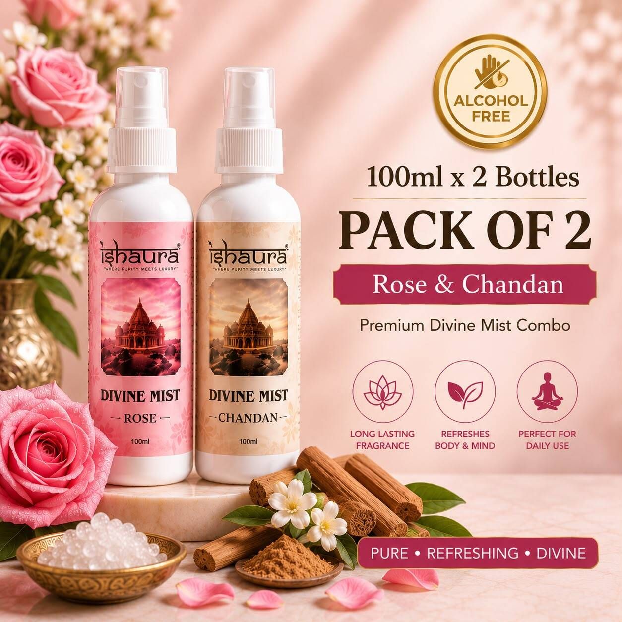 ishaura Rose & Chandan Spray Divine Mist 100 ml x 2 Bottles | Rose & Chandan Combo | Alcohol Free Body & Room Mist Spray | Long Lasting Fragrance | Premium Divine Mist for Home, Office, Temple & Daily Use-picture-44