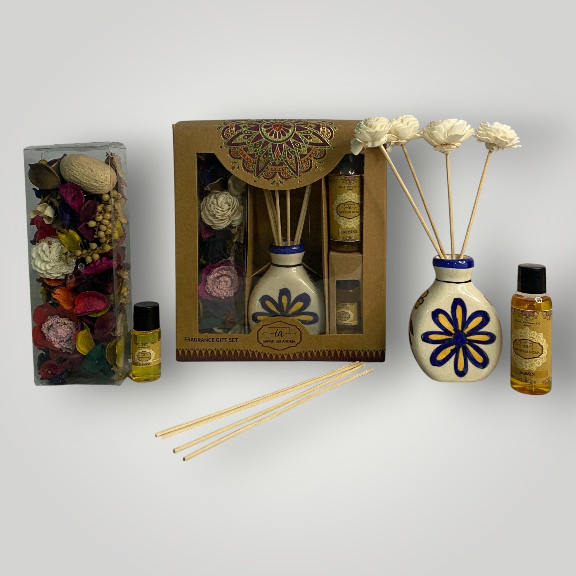 imperium aroma Jasmine Reed Diffuser | 50 ml Oil | Aromatherapy Diffuser Set, Potpourri 50 g with 15 ml Refresher Spray | 8 Sticks | Soothing Fragrance for Bedroom, Livingroom & Offices-picture-6