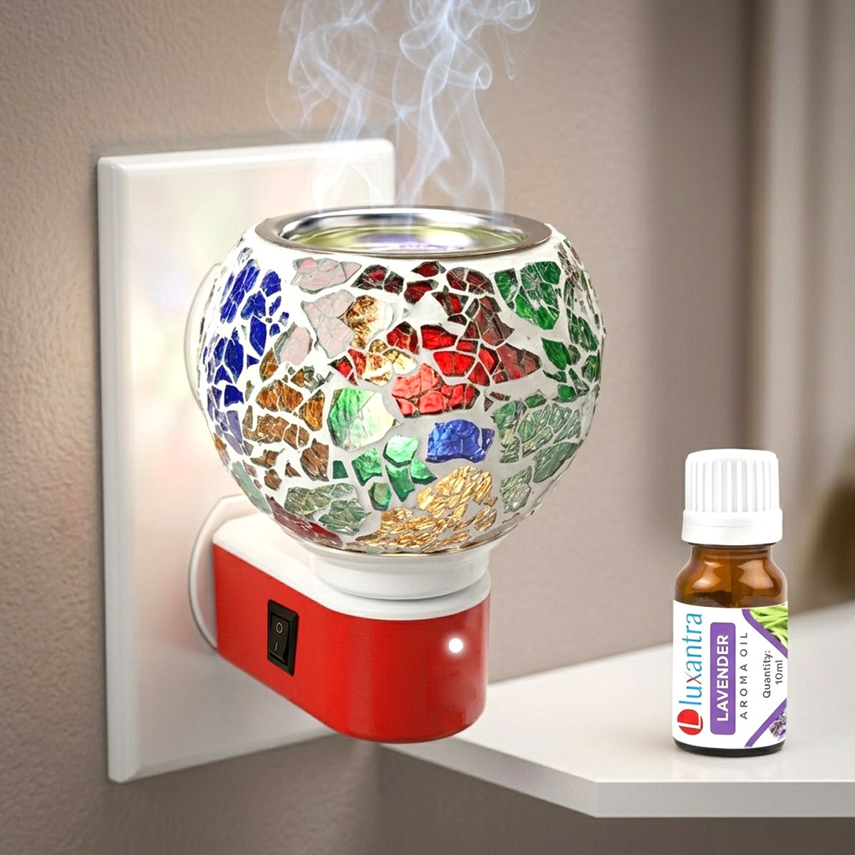 Lavender Fragrance Air Freshener Diffuser Set Electric Kapoor Dani Camphor Diffuser with Aroma Oil Burner Night Lamp Light | Mosaic Glass Fragrance Diffuser | Electric Camphor Burner for Home, Office, Temple, Meditation & Spa | Includes 10ml Aroma Oil-image-31