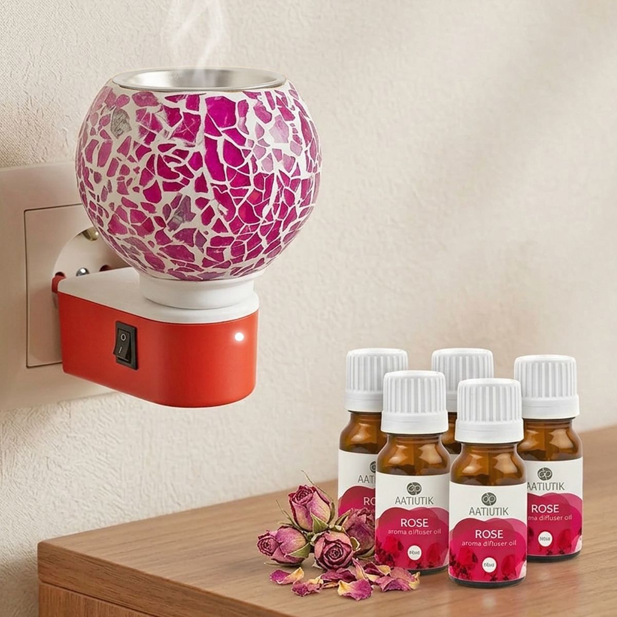 aatiutik Rose Fragrance Air Freshener Diffuser Set Premium Ceramic Kapoor Dani Camphor Aroma Diffuser Electric with Aroma Oils | Plug-in Fragrance Burner | Glass Mosaic Essential Oil Diffuser | Home, Office, Hotel, Spa, Temple Air Freshener-picture-6