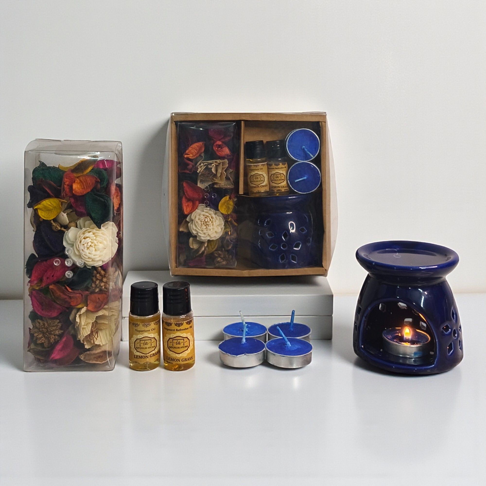 imperium aroma Ceramic Aroma Oil Burner Gift Set, Candle-Based Diffuser, Potpourri 50g, Tealight Candles 04, Lemongrass vaporizer 15 ml & Lemongrass Potpourri Refresher Oil 15 ml | for Relaxation & Décor-picture-0