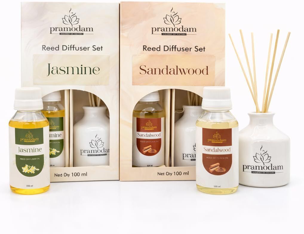 pramodam Sandalwood+Jasmine Diffuser Set Ceramic Pot Reed Diffuser Set with Sandalwood & Jasmine | 12 Rattan Reeds-picture-37