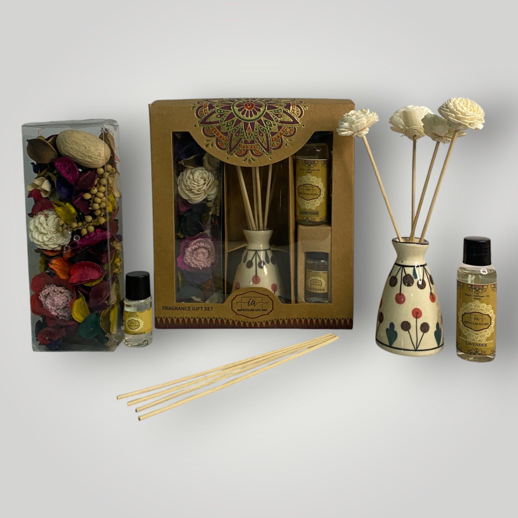 imperium aroma Lavender Essential Oil Reed Diffuser | Gift Set | 50 ml Diffuser Set, Potpourri 50 g with 15 ml Floral Oil | 8 Rattan Sticks | Elegant Fragrance for Home & Offices-picture-34