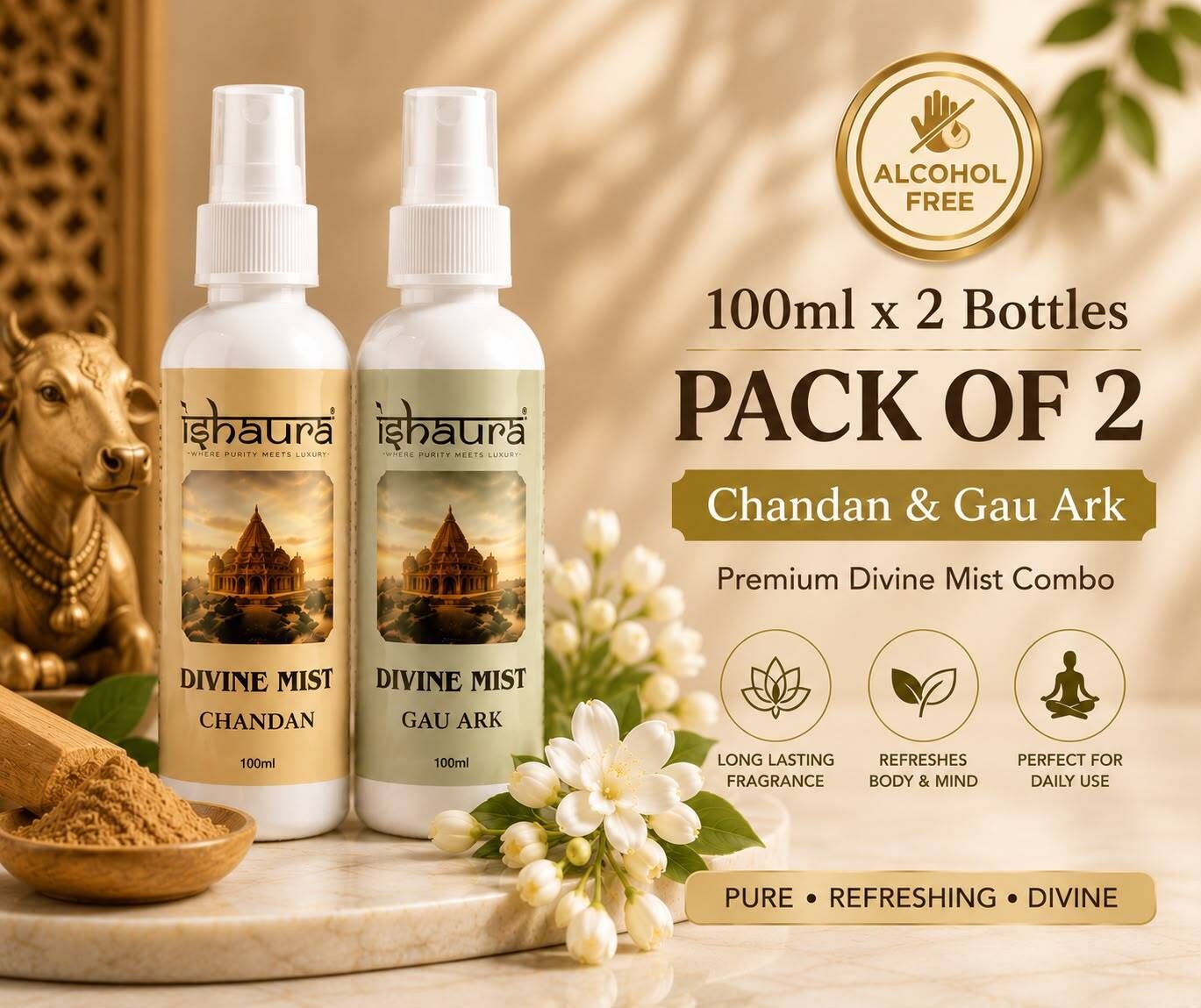 Chandan & Gau Ark Spray Divine Mist 100 ml x 2 Bottles | Chandan & Gau Ark Combo | Alcohol Free Body & Room Mist Spray | Long Lasting Fragrance | Premium Divine Mist for Home, Office, Temple & Daily Use-image-36
