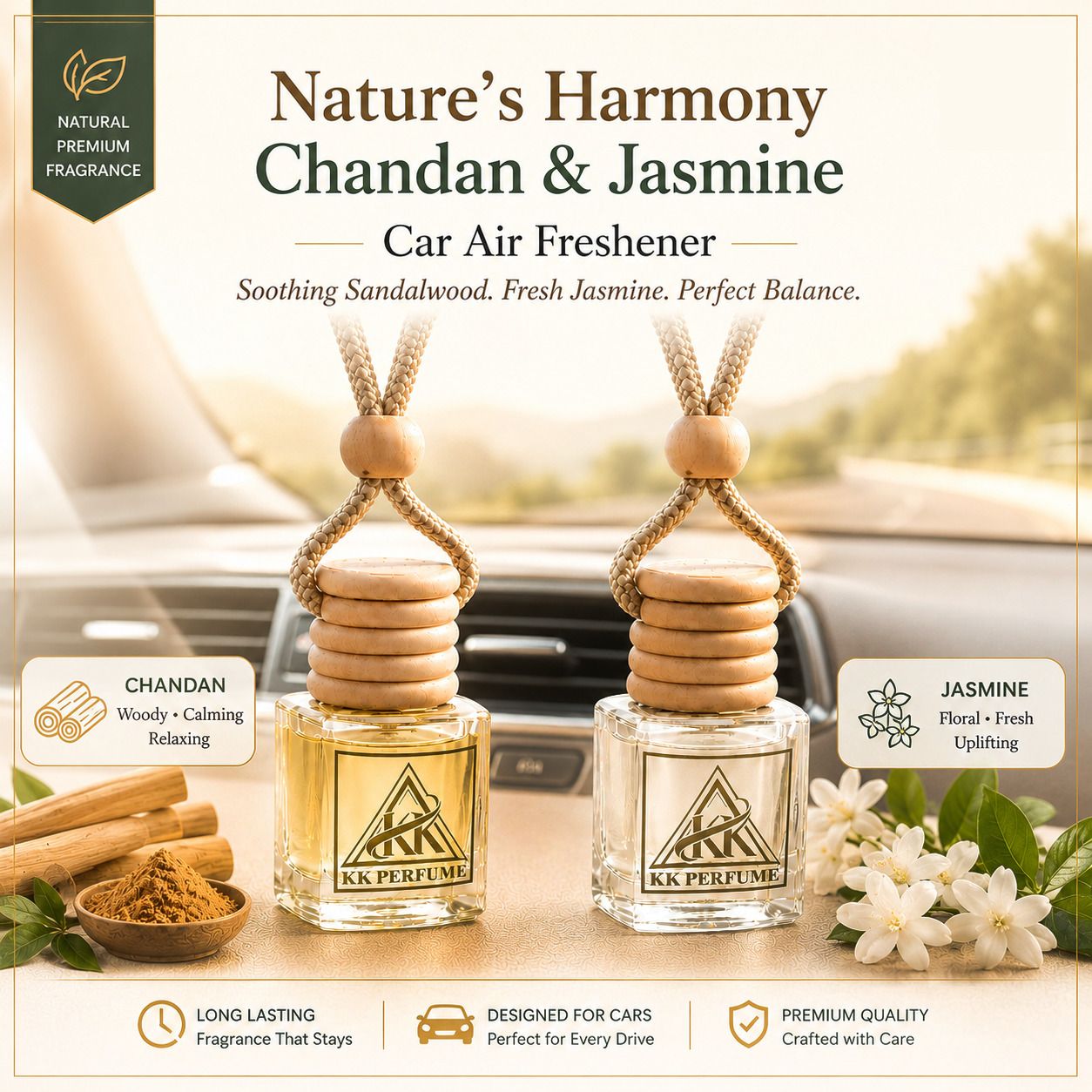 kk perfume chandan, jasmine Diffuser Chandan & Jasmine Hanging Car Perfume | Long Lasting Sandalwood Jasmine Car Air Freshener | Premium Floral Woody Car Aroma-picture-46