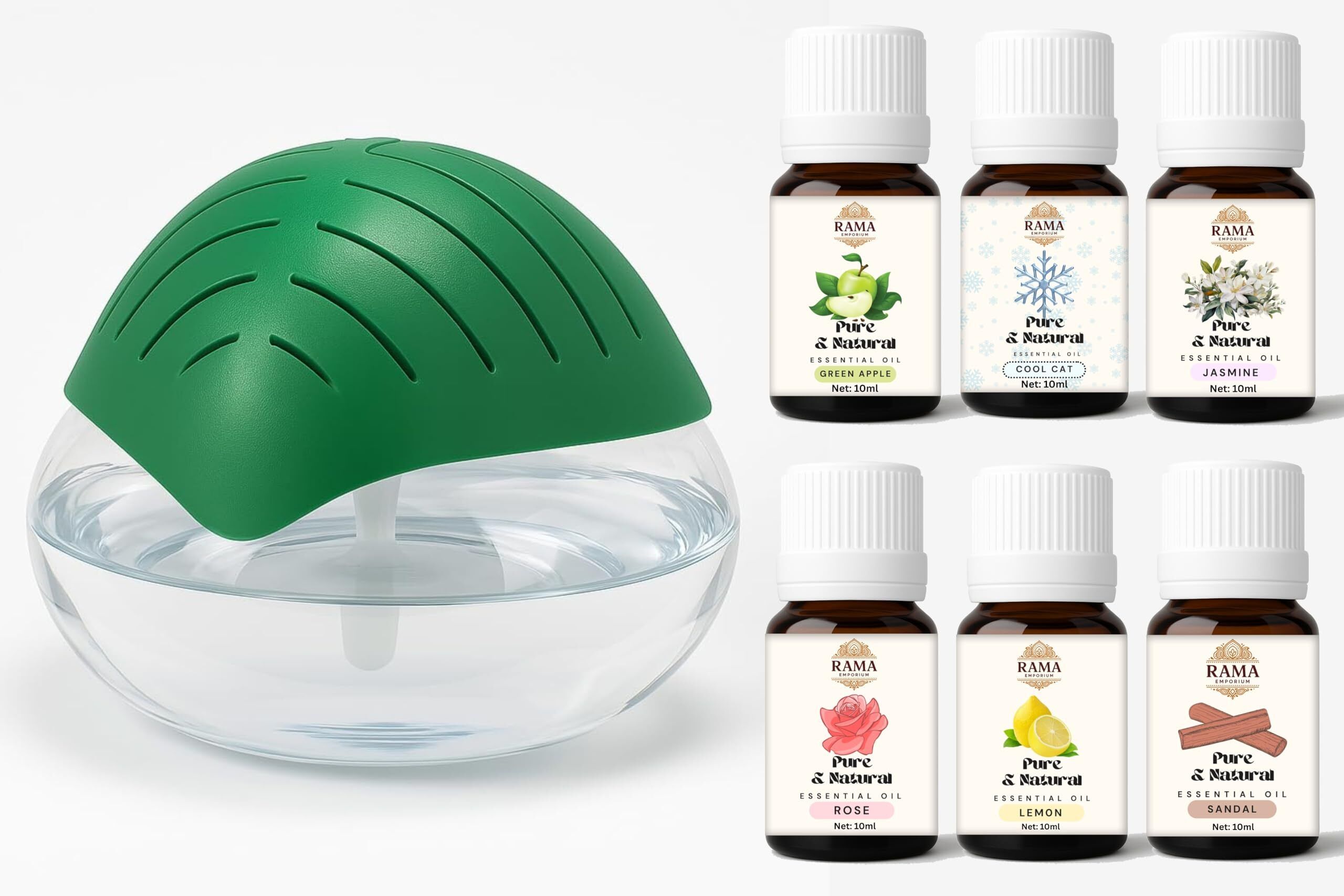 rama emporium Green Apple, Cool Cat, Jasmine, Rose, Lemon & Sandal Diffuser Set Portable 3-in-1 Air Purifier, Aroma Diffuser & Air Humidifier with 1500ml Water Tank-picture-28