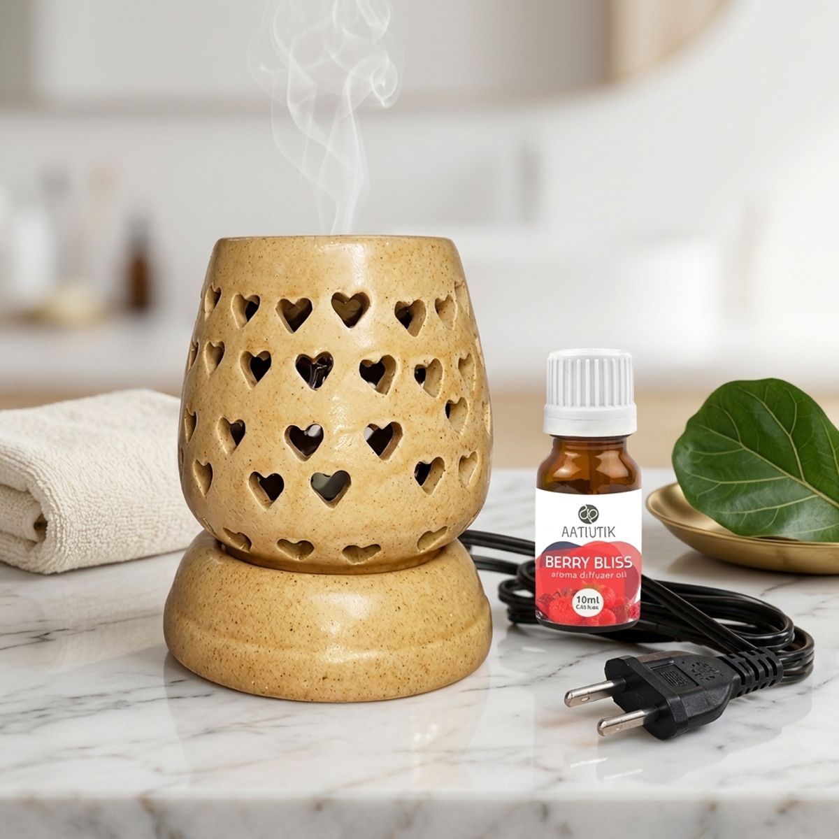 Berry Bliss Fragrance Air Freshener Diffuser Set Premium Ceramic Electric Aroma Oil Diffuser with Heart Cut Design | Essential Oil Burner for Home, Office, Spa & Meditation | Fragrance Air Freshener (Ivory)-image-9