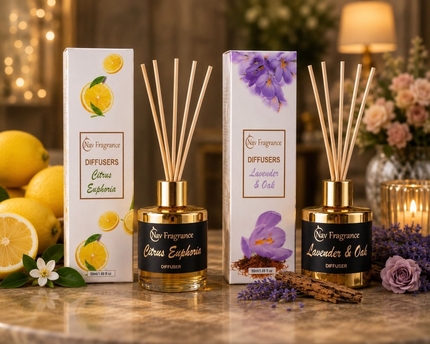 navfragrance Citrus Euphoria, Lavender & Oak Diffuser Set Reed Diffuser Combo Pack of 2 | Premium Aroma Diffuser Set | 50ml Each-picture-19