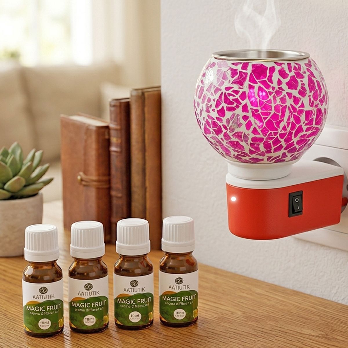 aatiutik Magic Fruit Fragrance Air Freshener Diffuser Set Premium Ceramic Kapoor Dani Camphor Aroma Diffuser Electric with Aroma Oils | Plug-in Fragrance Burner | Glass Mosaic Essential Oil Diffuser | Home, Office, Hotel, Spa, Temple Air Freshener-picture-5