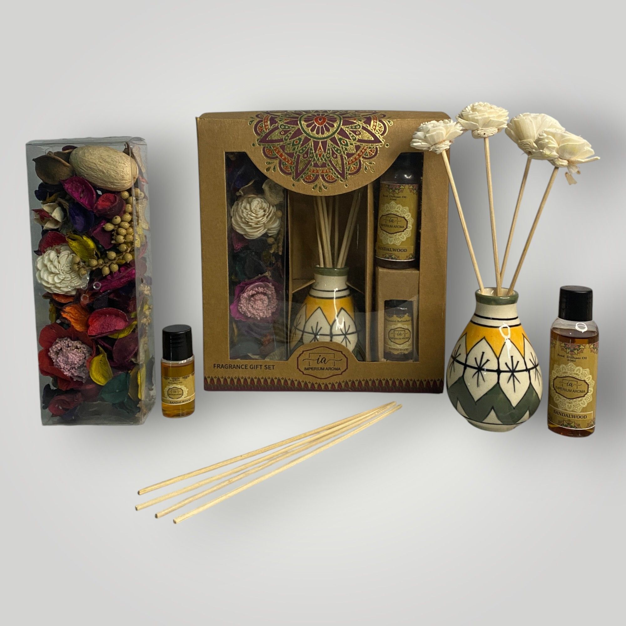 imperium aroma Sandalwood Aroma Reed Diffuser | Painted Ceramic Vase | 50 ml Diffuser Set, Potpourri 50 g with 15 ml Refresher | 8 Sticks | Light Aroma for Bedroom, Livingroom & Offices-picture-31