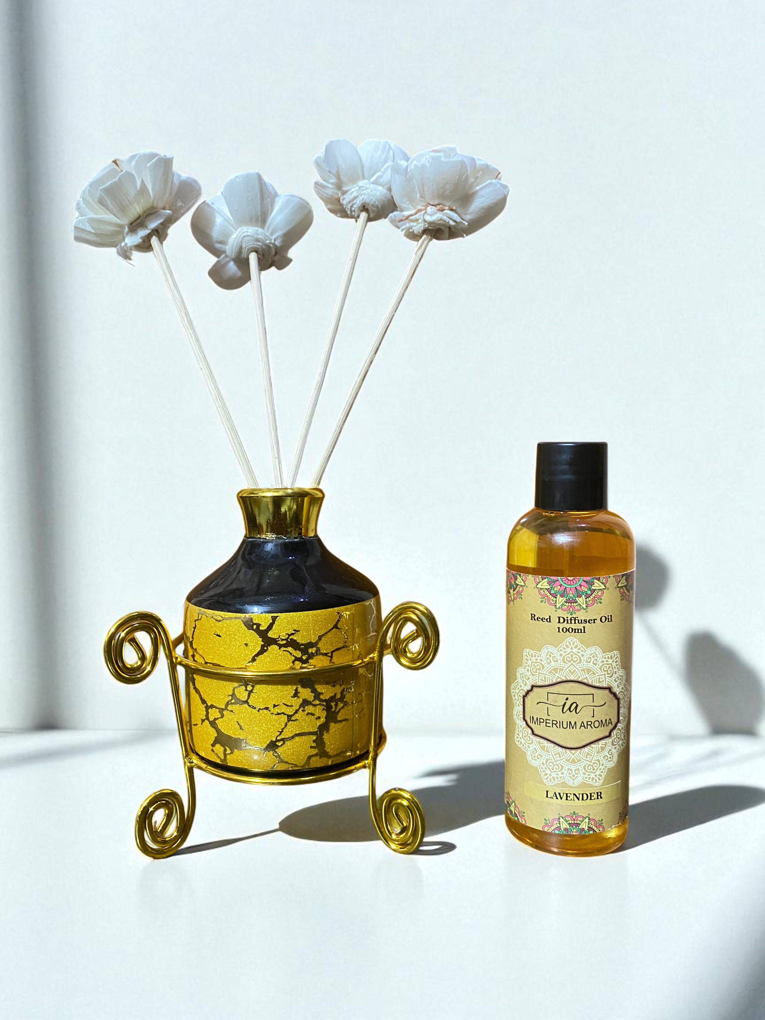 imperium aroma Lavender Diffuser Set (Ceramic Pot with Golden Brass) Rattan Reeds Based Diffuser-picture-14