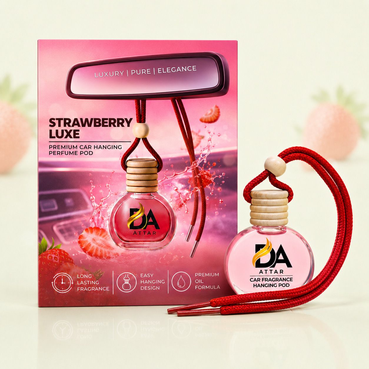 Fruity Diffuser Diffuser Strawberry Luxe Car Air Freshener Hanging Pod | Lasts Up to 45–60 Days | Premium Car Freshener with Wooden Diffuser Lid | Essential Oil Compound Blend | Car Odour Eliminator-image-45