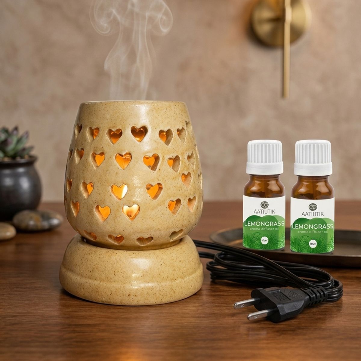 Lemongrass Fragrance Air Freshener Diffuser Set Premium Ceramic Electric Aroma Diffuser with Aroma Oils (10ml Each) | Heart Cut Design Fragrance Oil Burner | Home, Office, Hotel & Spa Air Freshener-image-46
