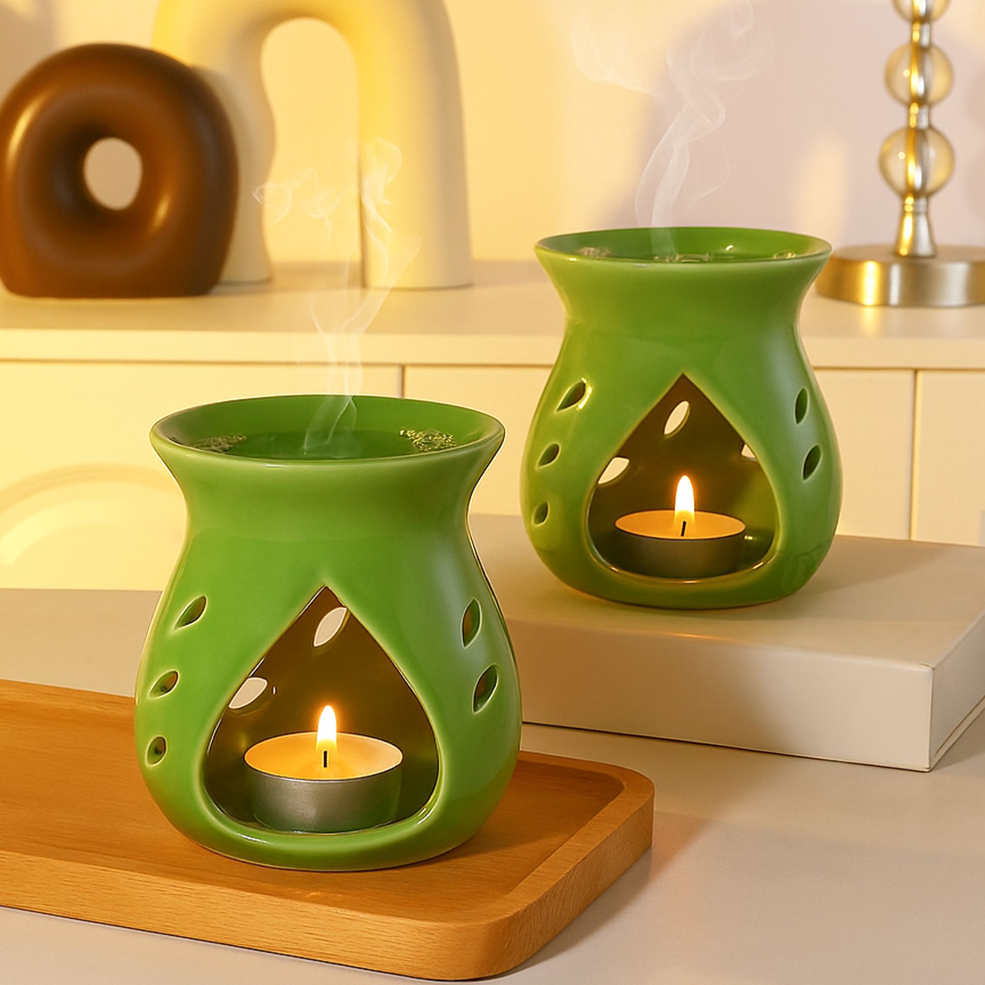 Ceramic Diffuser with 2 Tealight Candles For Fragrance, Aromatherapy Gift Green Diffuser Set-image-9