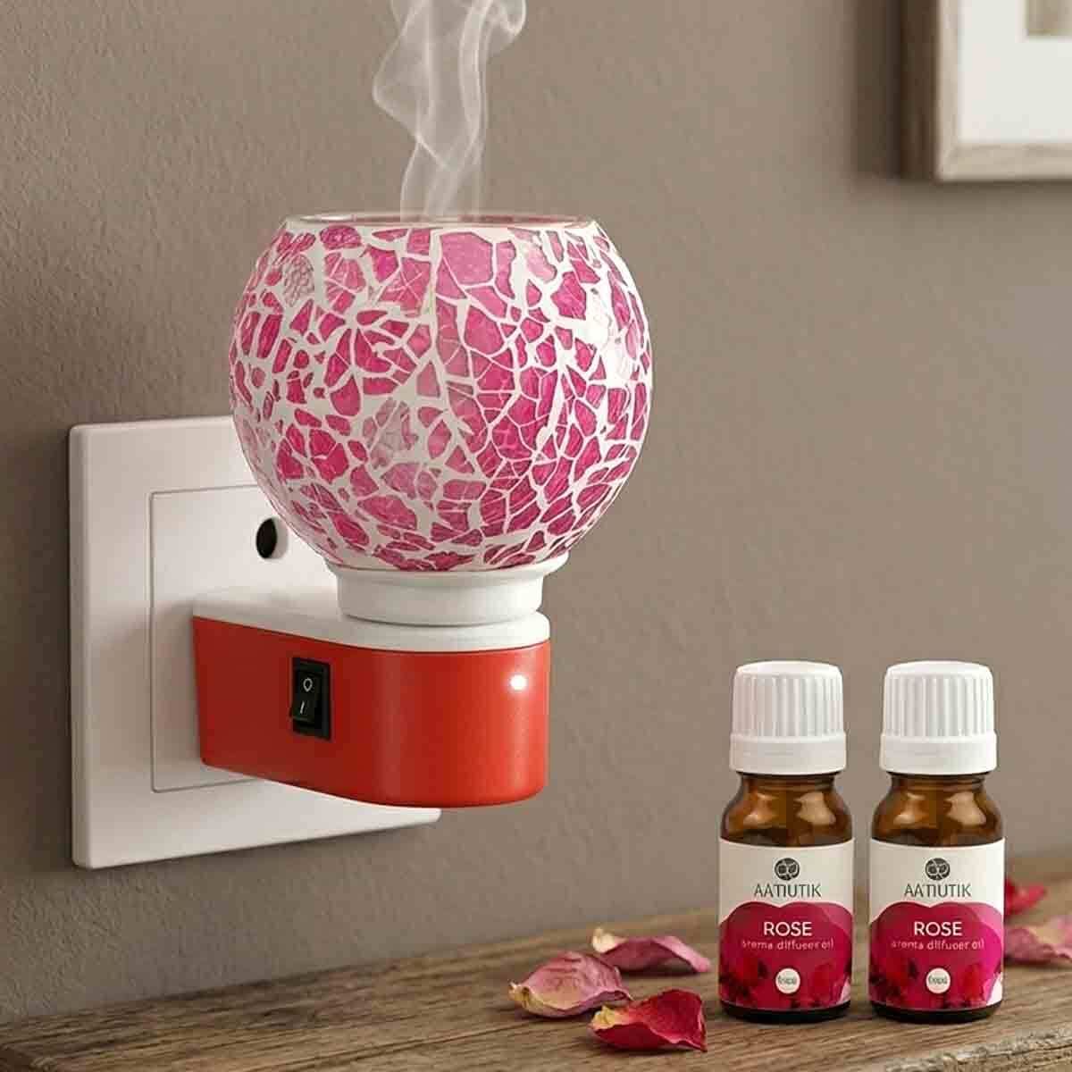 aatiutik Rose Fragrance Air Freshener Diffuser Set Premium Electric Kapoor Dani Camphor Diffuser with Purple Mosaic Glass Shade Aroma Essential Oils Diffuser Lamp | Plug-in Fragrance Burner with Essential Oils | for Home, Office, Bedroom & Spa Air Freshener | Purple Crackle Design-picture-19
