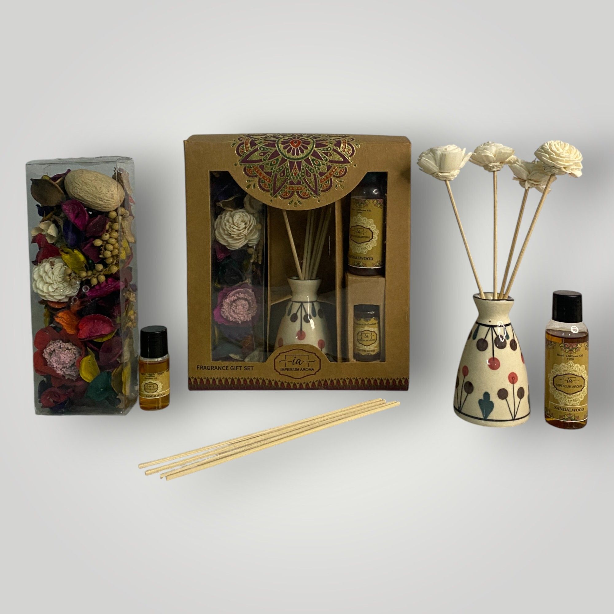 imperium aroma Sandalwood Essential Oil Reed Diffuser | Gift Set | 50 ml Diffuser Set, Potpourri 50 g with 15 ml Floral Oil | 8 Rattan Sticks | Elegant Fragrance for Home & Offices-picture-28