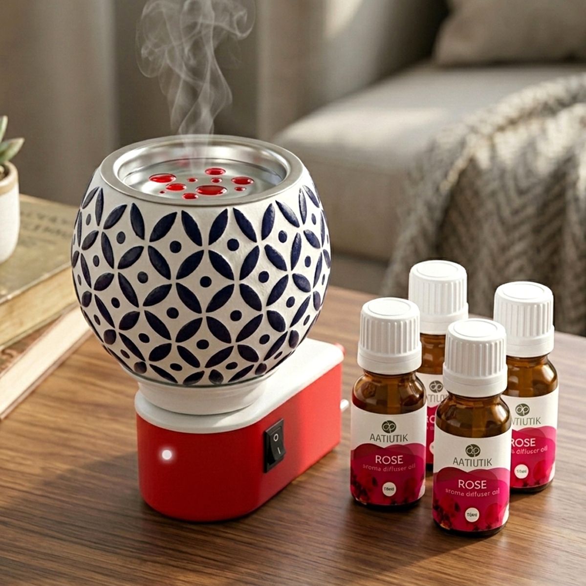 Rose Fragrance Air Freshener Diffuser Set Electric Kapoor Dani Camphor Diffuser with 4 Aroma Oils | Ceramic Essential Oil Burner Night Lamp Light | Plug-in Fragrance Diffuser for Home, Office, Meditation, Pooja Room & Aromatherapy-image-43