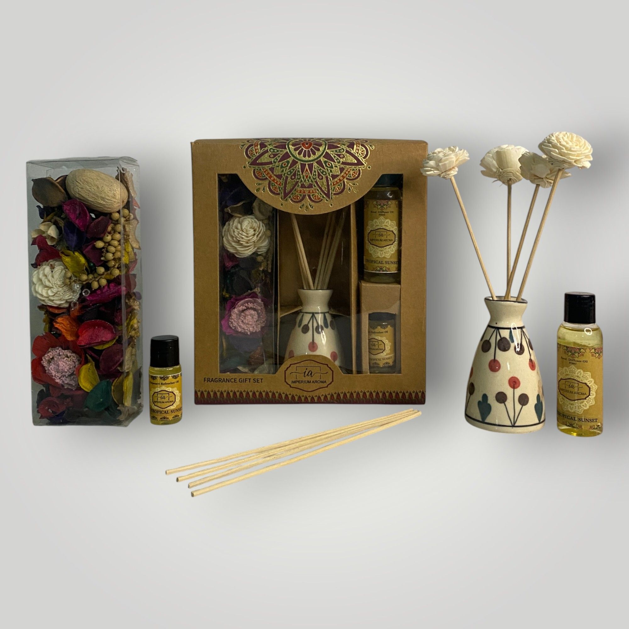 imperium aroma Tropical Sunset Essential Oil Reed Diffuser | Gift Set | 50 ml Diffuser Set, Potpourri 50 g with 15 ml Floral Oil | 8 Rattan Sticks | Elegant Fragrance for Home & Offices-picture-36