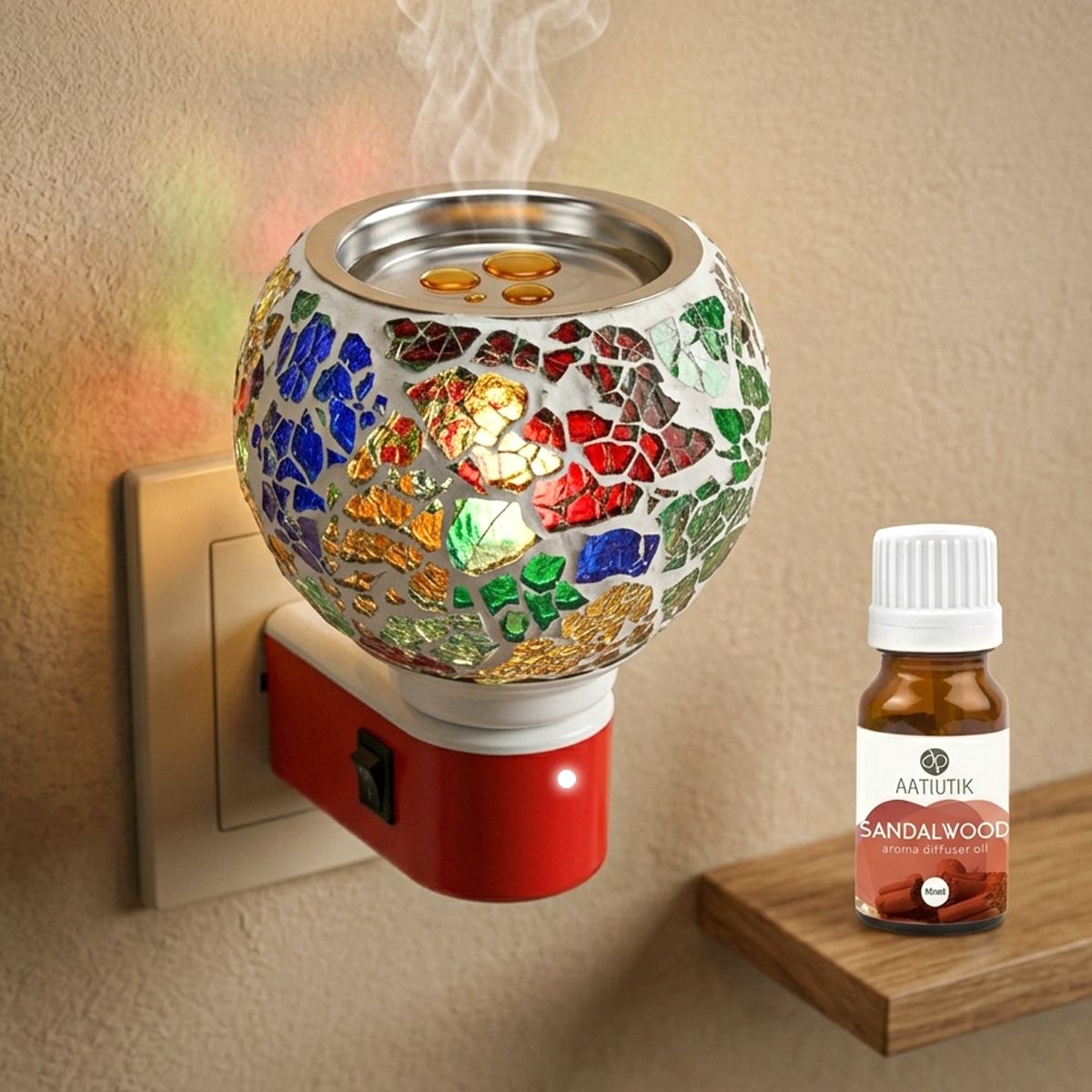 Sandalwood Fragrance Air Freshener Diffuser Electric Mosaic Glass Kapoor Dani Camphor Diffuser with Aroma Oil | Plug-in Camphor Burner Night Lamp Light | Camphor & Essential Oil Diffuser for Home, Office, Pooja & Meditation-image-42