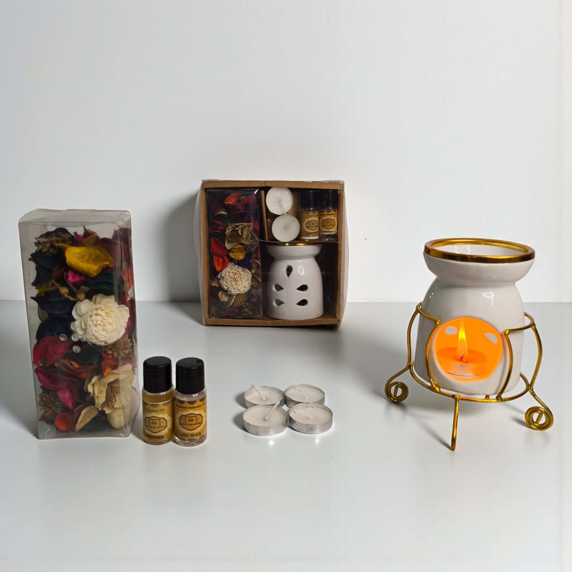 imperium aroma Premium Candle-Based Oil Burner Set with Golden Brass Neck & Stylish Metal Stand Diffuser Set, Potpourri 50g, Tealight Candles 04, Lavender vaporizer 15 ml & Potpourri Refresher Oil 15 ml | Elegant Candle Diffuser for Home Décor-picture-10