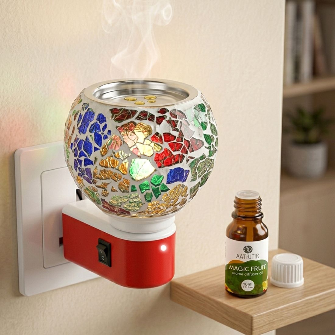 Magic Fruit fragrance Air Freshener Diffuser Electric Mosaic Glass Kapoor Dani Camphor Diffuser with Aroma Oil | Plug-in Camphor Burner Night Lamp Light | Camphor & Essential Oil Diffuser for Home, Office, Pooja & Meditation-image-18