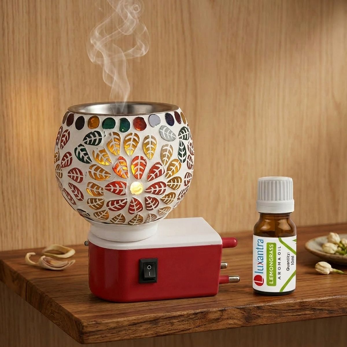 Lemongrass Fragrance Air Freshener Diffuser Set Handcrafted Electric Kapoor Dani Camphor Diffuser Night Lamp Light with Aroma Oil Burner | Ceramic Leaf Design Plug-in Air Freshener for Home, Office, Spa, Hotel, Temple & Meditation-image-29