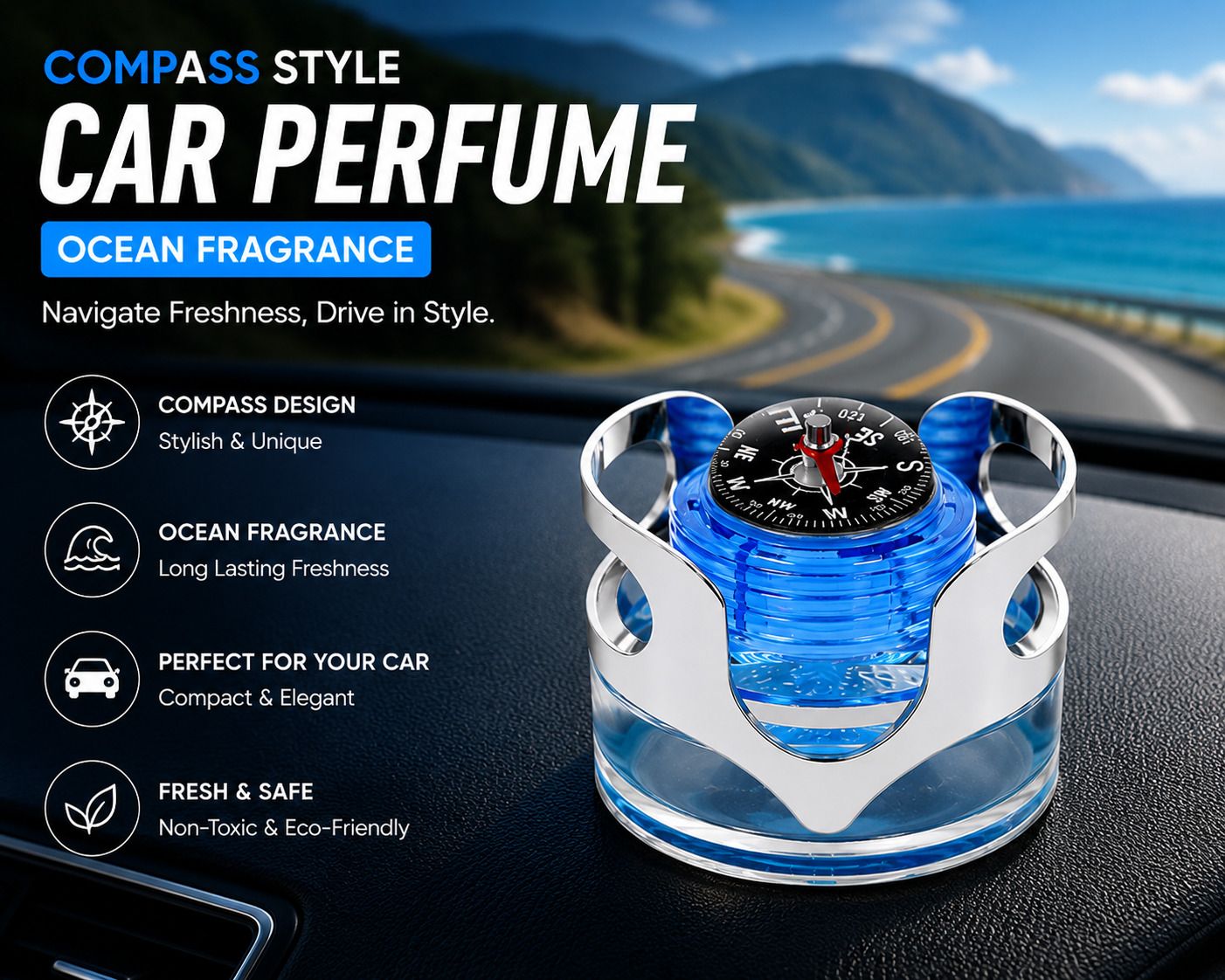 OCEAN BLUE Diffuser, Refill Ocean Compass Elite™ Compass Style Dashboard Car Perfume | Auto Aligning Compass | Long Lasting Ocean Fragrance | Refillable Premium Metal Air Freshener for Cars, SUVs & Hatchbacks-image-5
