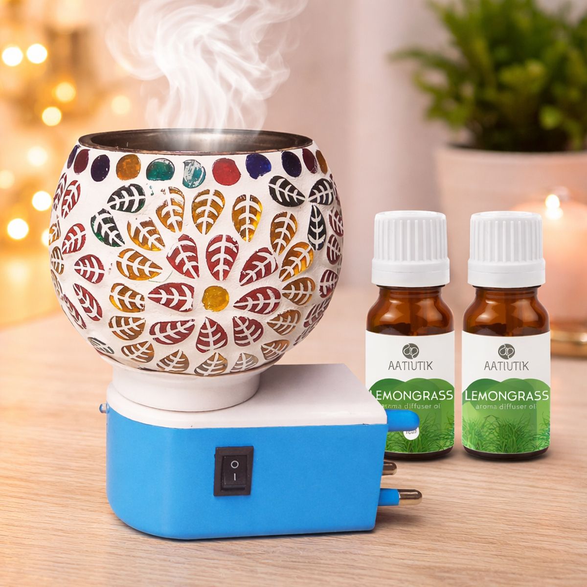 Lemongrass Fragrance Room Freshener Night Lamp Diffuser Set Electric Kapoor Dani Camphor Diffuser with Aroma Oil | Ceramic Essential Oil Burner with Steel Bowl on top | Plug-in Fragrance Diffuser for Home, Office & SPA, Hotel-image-20