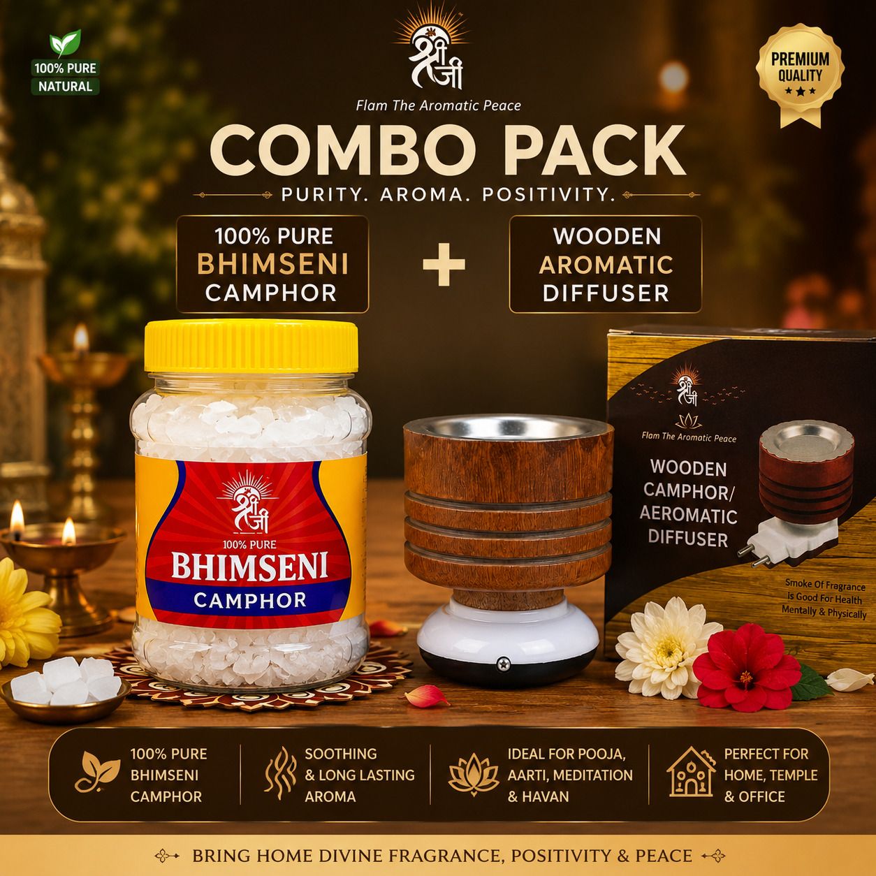 shri shriji flam the aromatic peace Organic Camphor Diffuser Pure Bhimseni Camphor 500g with Wooden Aromatic Diffuser, Combo Pack, Electric Plug-in, for Home Pooja-picture-48