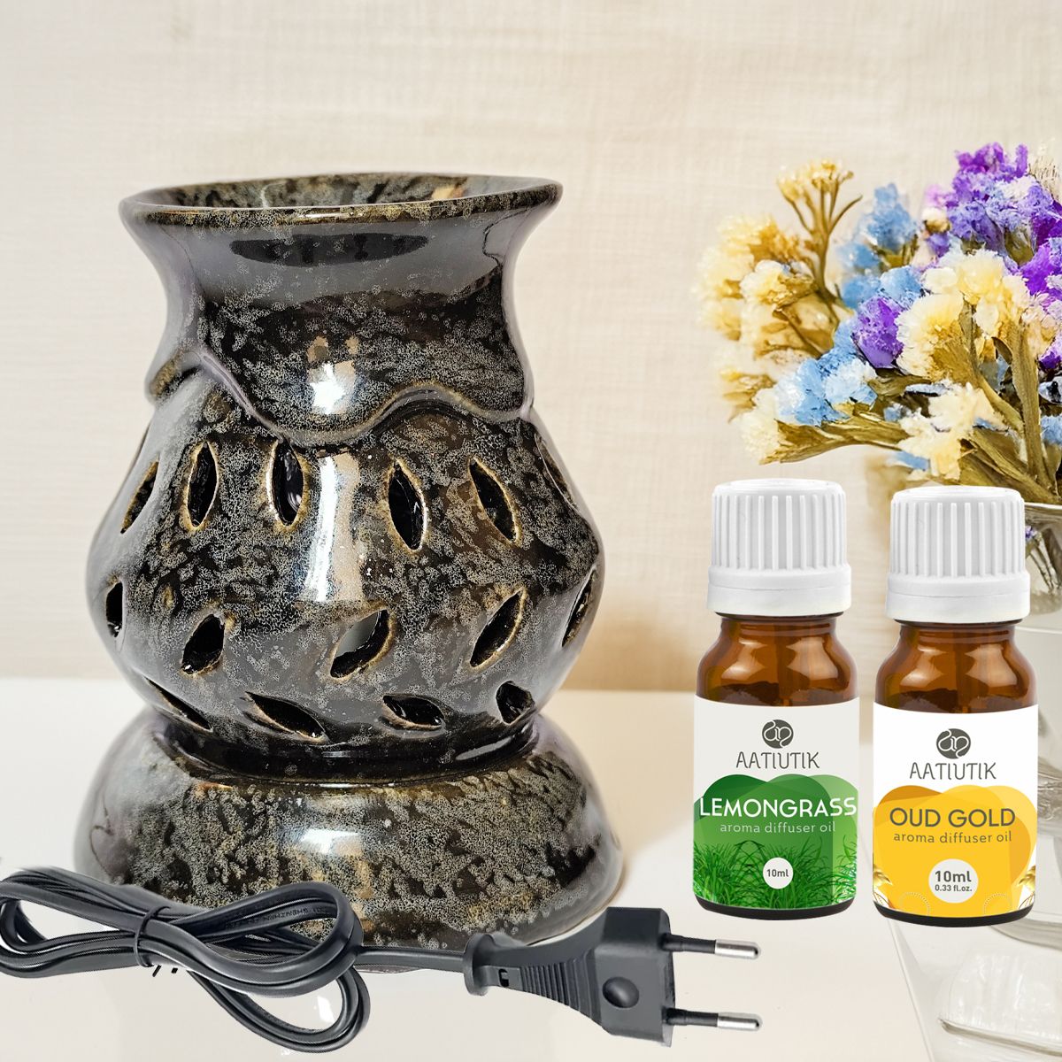 aatiutik Lemongrass & Oud Gold Home Fragrance Oil Burner, Electric Air Freshener Aroma Diffuser Set, Aroma Oil-picture-28