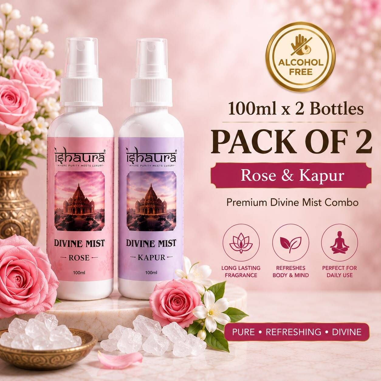 Rose & Kapur Spray Divine Mist 100 ml x 2 Bottles | Rose & Kapur Combo | Alcohol Free Body & Room Mist Spray | Long Lasting Fragrance | Premium Divine Mist for Home, Office, Temple & Daily Use-image-45