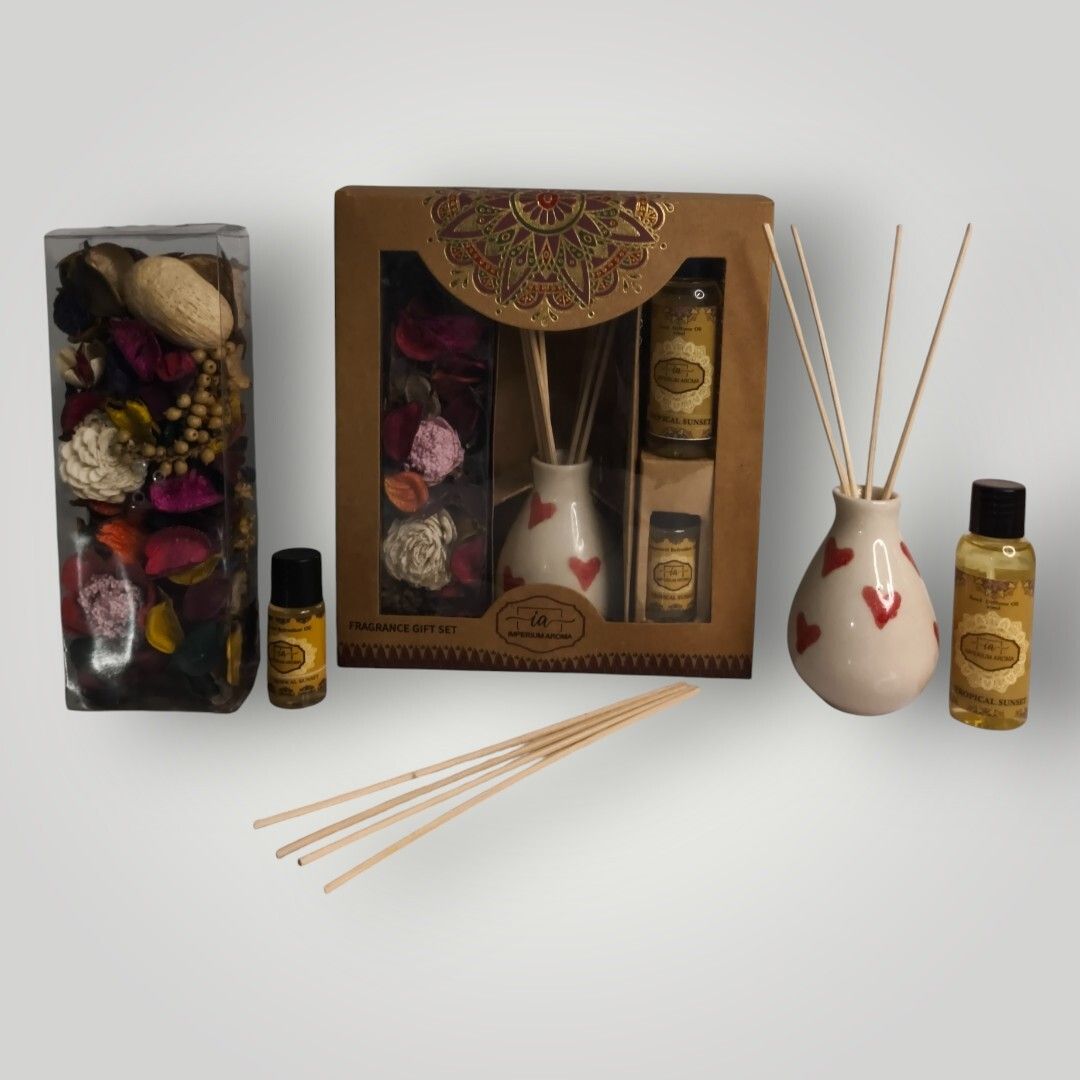 Tropical Sunset Reed Diffuser Set | Ceramic Vase | 50 ml Diffuser, Potpourri 50 g with 15 ml Premium Oil | 8 Rattan Sticks | Soft Scent for Home & Offices-image-43