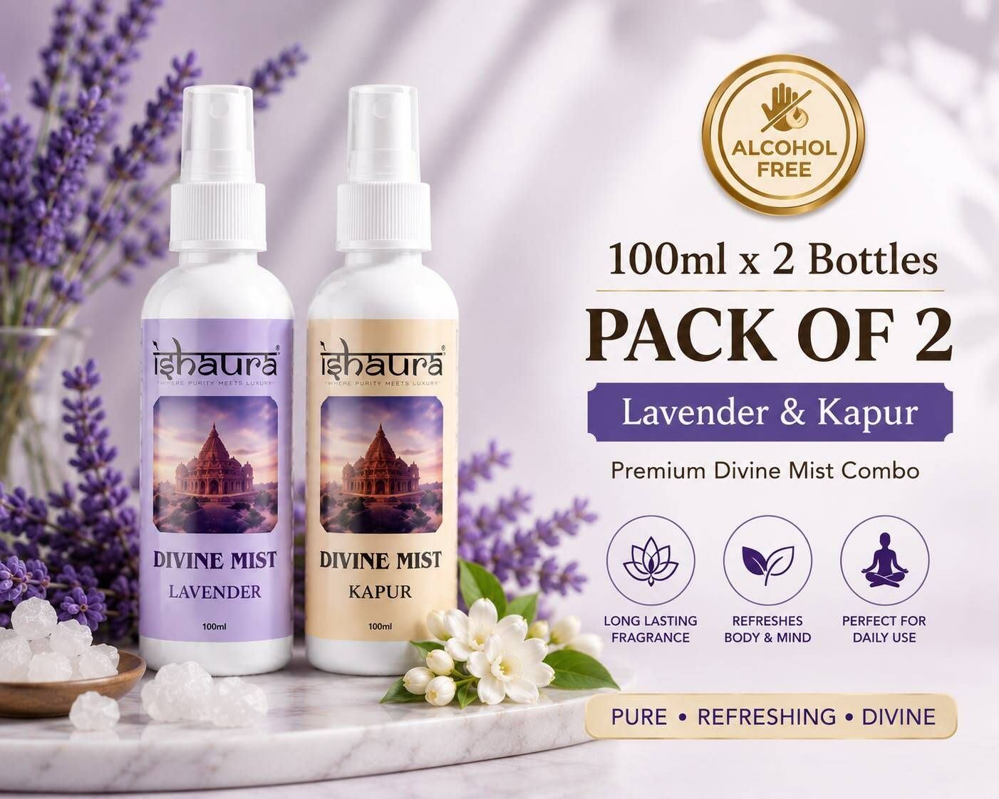 Lavender & Kapur Spray Divine Mist 100 ml x 2 Bottles | Lavender & Kapur Combo | Alcohol Free Body & Room Mist Spray | Long Lasting Fragrance | Premium Air Freshening Mist for Home, Office, Temple & Daily Use-image-46