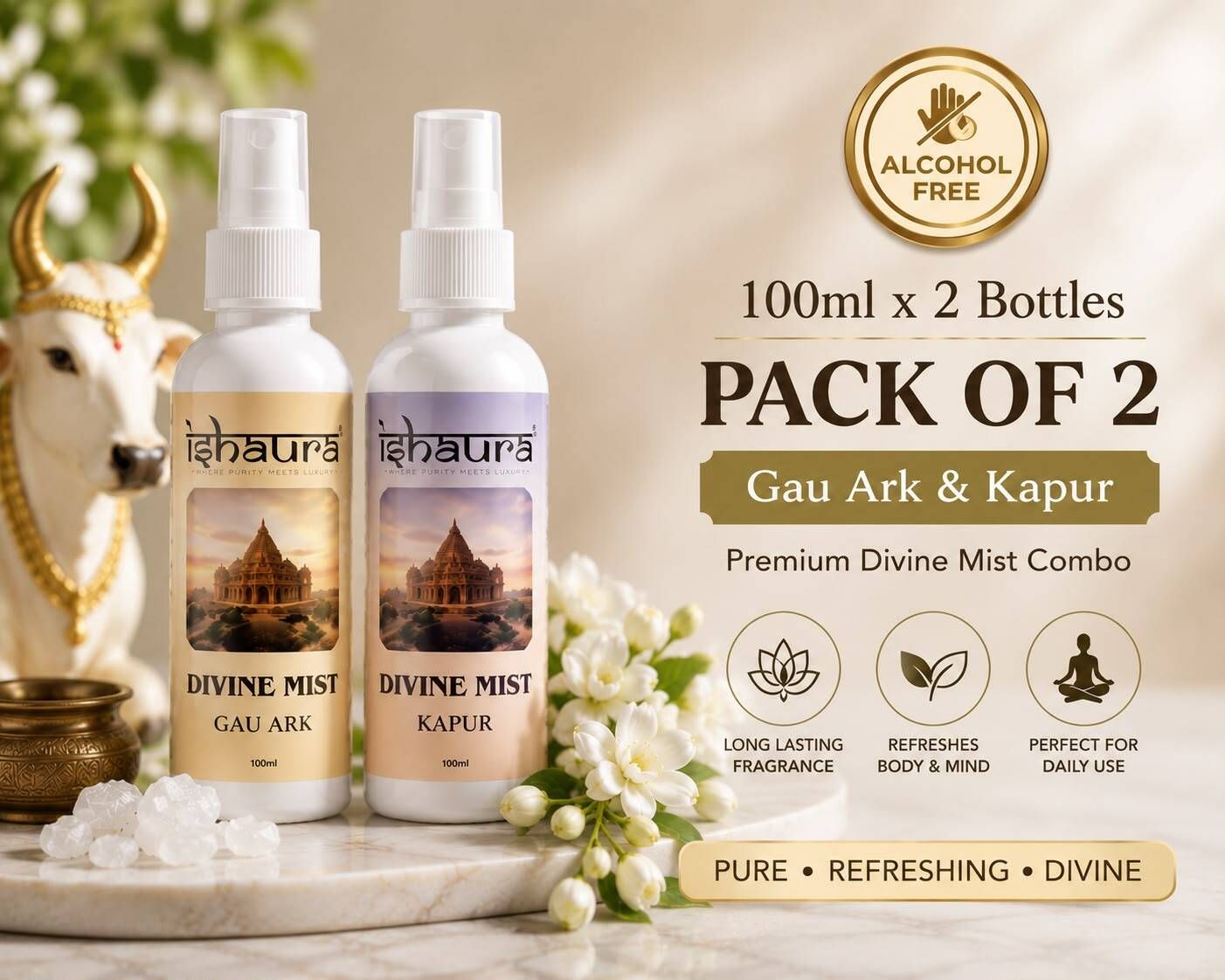 Gau Ark & Kapur Spray Divine Mist 100 ml x 2 Bottles Gau Ark & Kapur Combo | Alcohol Free Body & Room Mist Spray | Long Lasting Fragrance | | Premium Divine Mist for Home, Office, Temple & Daily Use-image-47