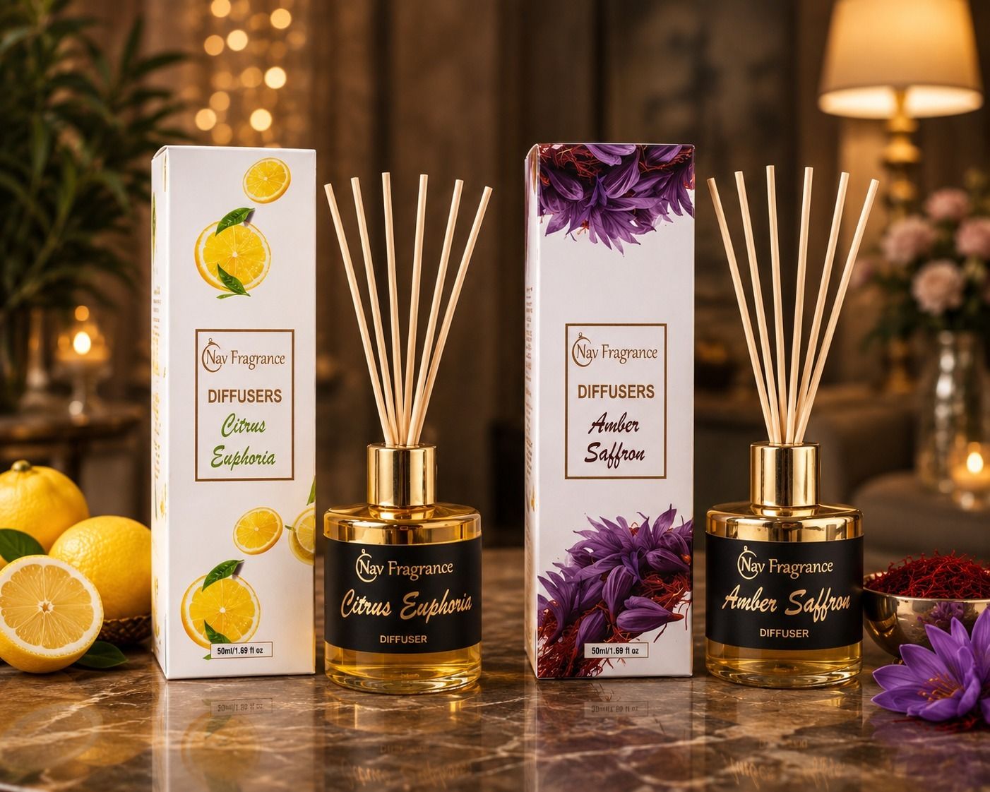 navfragrance Citrus Euphoria, Amber Saffron Diffuser Set Reed Diffuser Combo Pack of 2 | Premium Aroma Diffuser Set | 50ml Each-picture-41