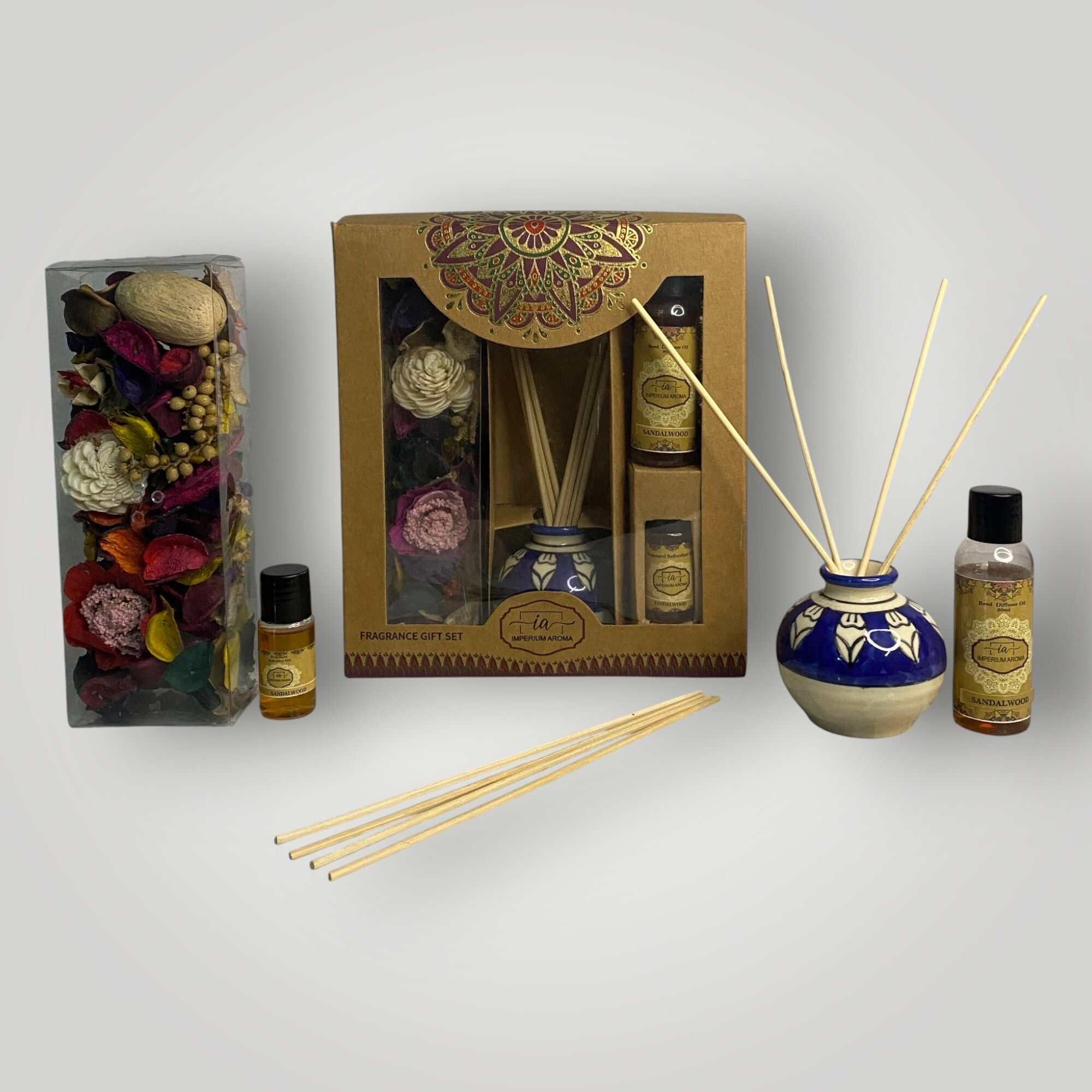 imperium aroma Sandalwood Reed Diffuser Set | Ceramic Bottle | 50 ml Diffuser, Potpourri 50 g with 15 ml Premium Refresher | 8 Sticks | Pleasant Aroma for Home & Offices-picture-37