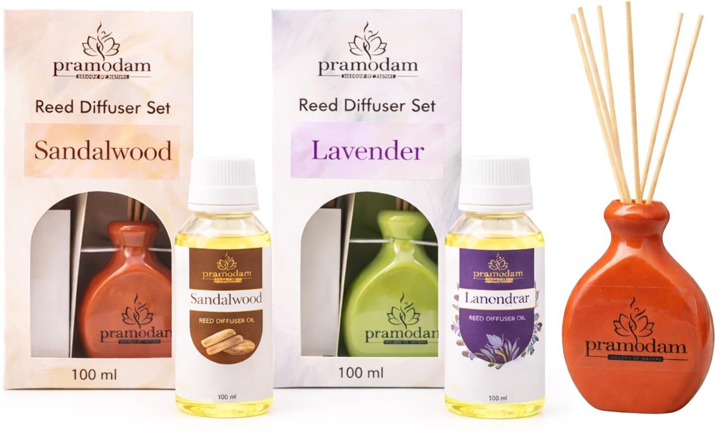 Sandalwood+Lavender Diffuser Set Ceramic Flat Vase Reed Diffuser Set of 2 Sandalwood Lavender 12 Reed Sticks-image-23