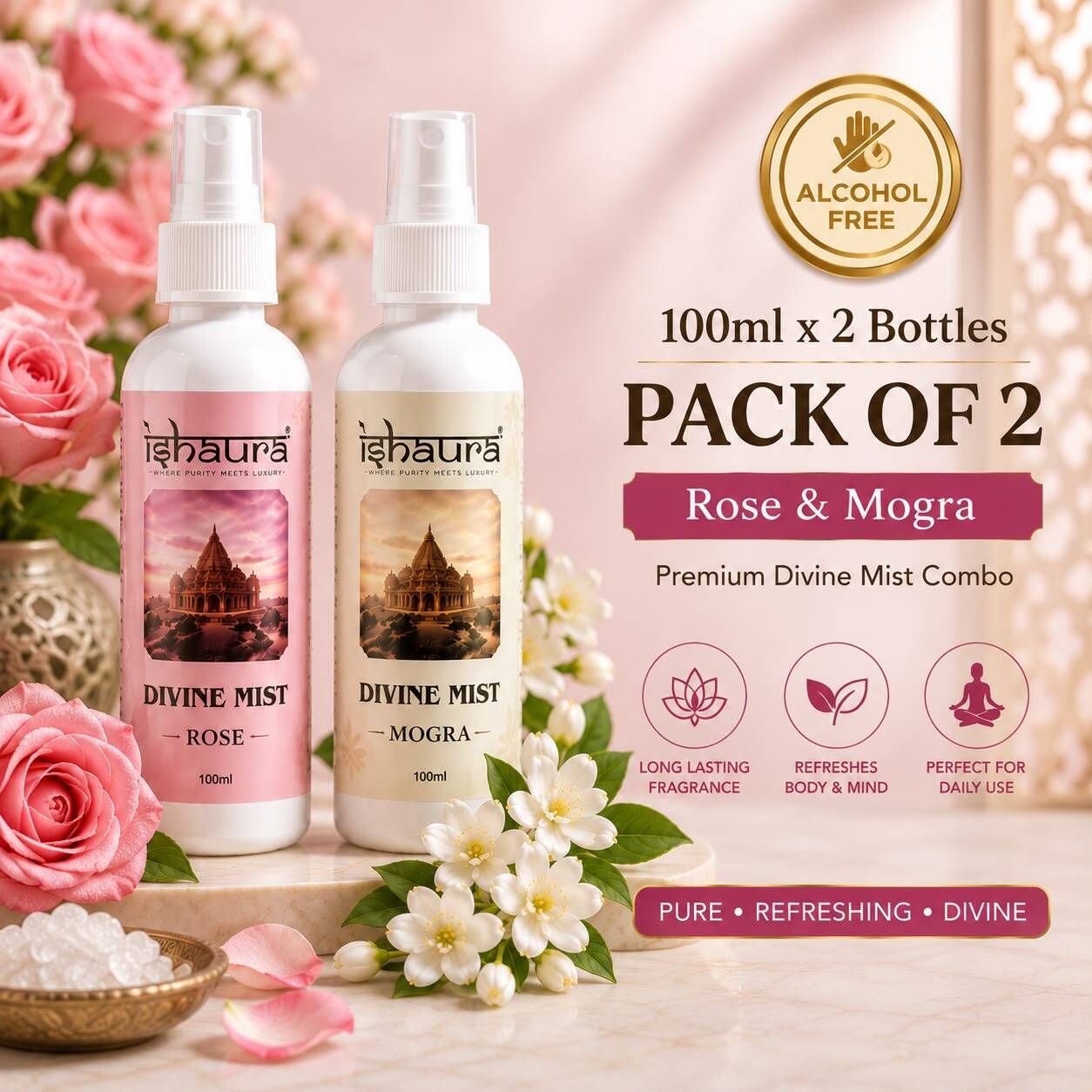 Rose & Mogra Spray Divine Mist 100 ml x 2 Bottles |Rose & Mogra Combo | Alcohol Free Body & Room Mist Spray | Long Lasting Fragrance | Premium Divine Mist for Home, Office, Temple & Daily Use-image-49