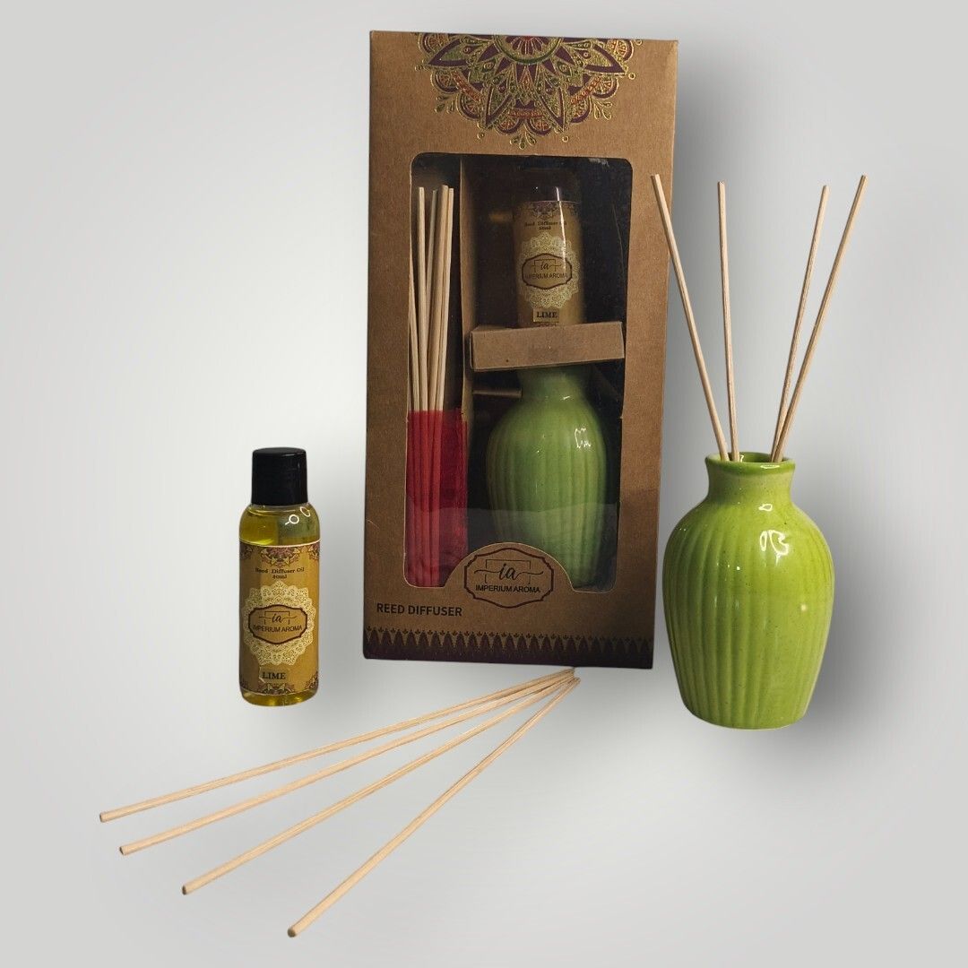 Premium Ceramic Reed Diffuser | Lime Fragrance Oil 50ml with 8 Rattan Sticks Diffuser Set For Living Room, Bedroom, Office & Gifting-image-2