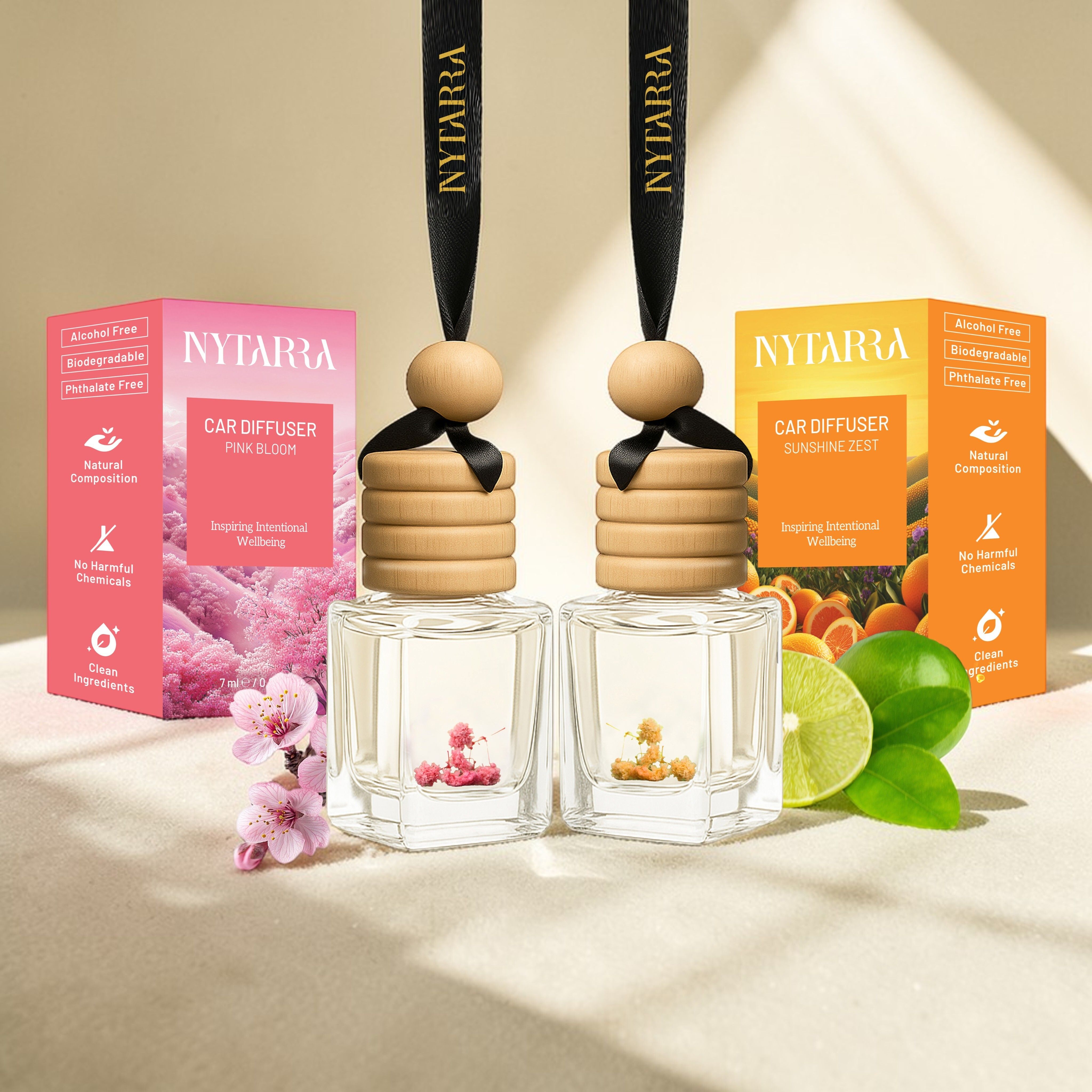 nytarra Car Perfumes Luxury Combo- Pink Bloom & Sunshine Zest | Best Car Freshener Diffuser No-Alcohol & Long-Lasting Car Perfume, Premium Car Scent Hanging Pod-picture-4