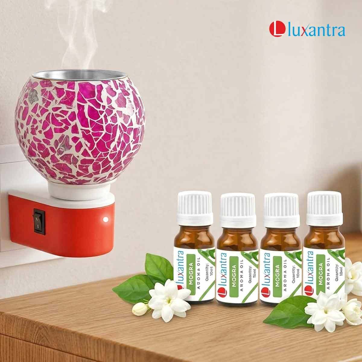 Mogra Fragrance Air Freshener Diffuser Set Electric Aroma Diffuser with Set of 4 Aroma Oils (10ml Each) | Plug-in Kapoor Dani Camphor Diffuser | Mosaic Glass Fragrance Oil Burner | Night Lamp Light | Room Freshener for Home, Office, Spa, Hotel & Temple-image-12
