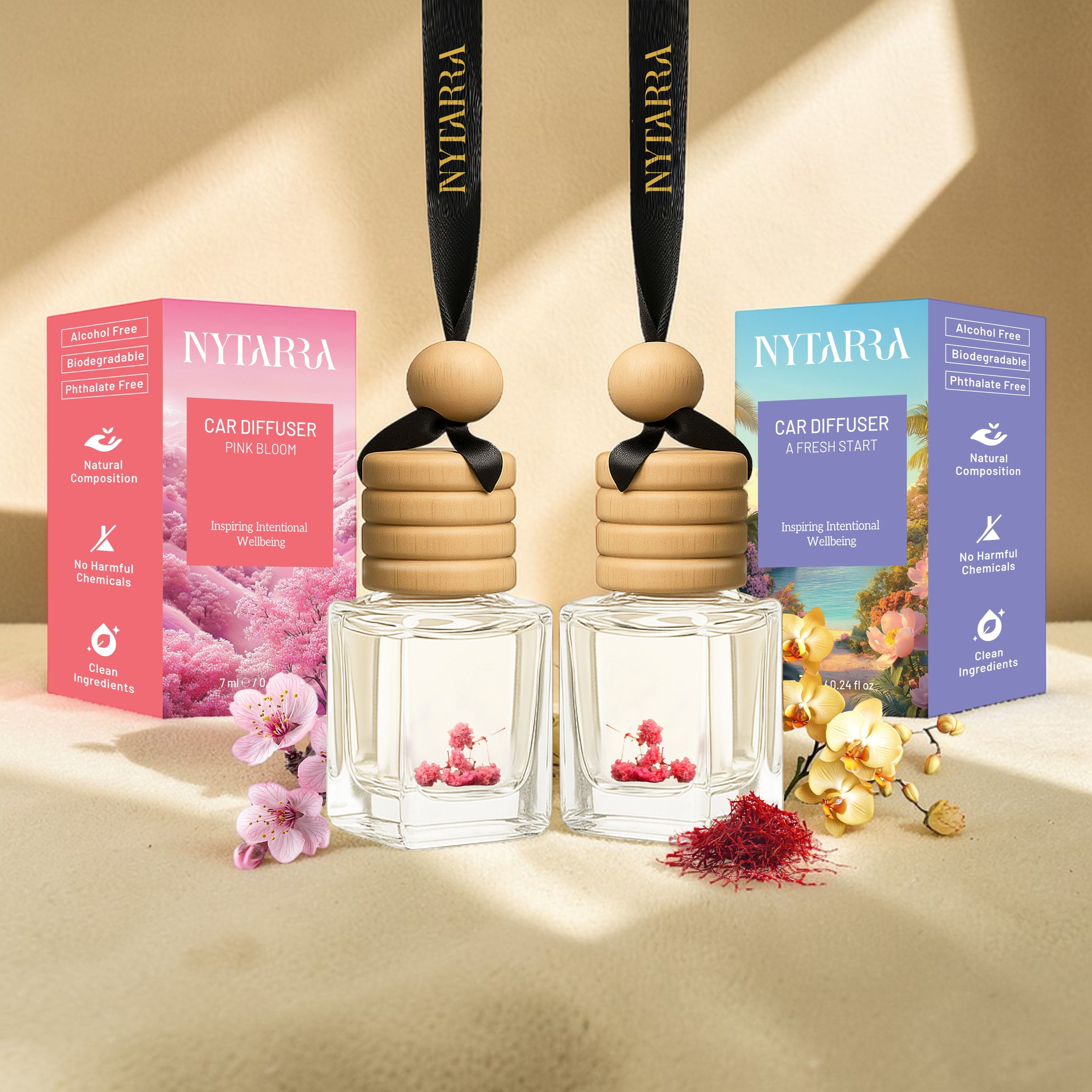 nytarra Car Perfumes Luxury Combo- Pink Bloom & A Fresh Start | Best Car Freshener Diffuser No-Alcohol & Long-Lasting Car Perfume, Premium Car Scent Hanging Pod-picture-5