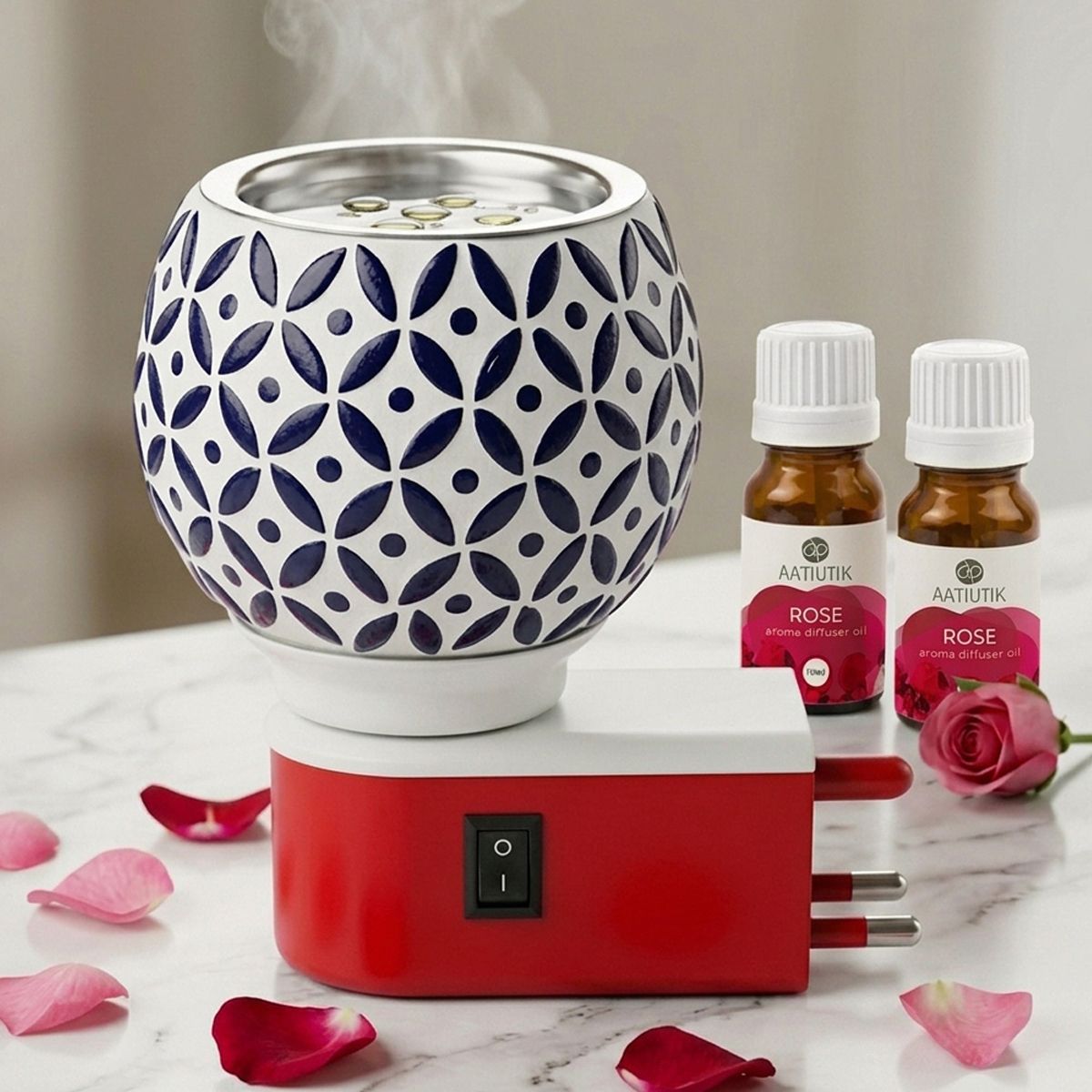 Rose Fragrance Air Freshener Diffuser Set Premium Electric Kapoor Dani Camphor Diffuser with Ceramic Aroma Burner | Essential Oil & Camphor Fragrance Diffuser with Night Lap Light | Electric Dhoop Dani for Home, Office, Meditation & Pooja Room-image-43