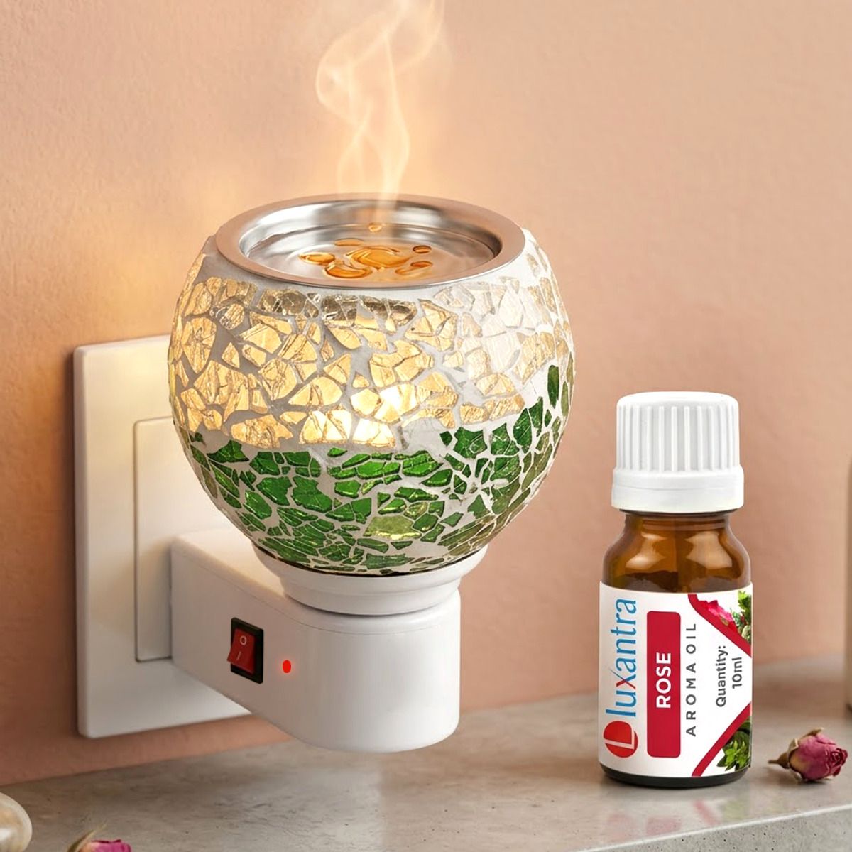 Rose Home Fragrance Air Freshener Diffuser Set Electric Kapoor Dani Camphor Diffuser with Night Lamp | Mosaic Glass Aroma Oil Burner | Plug-in Essential Oil & Camphor Diffuser | Smoke-Free Fragrance Diffuser for Home, Office, Spa, Hotel & Temple (White & Green)-image-16