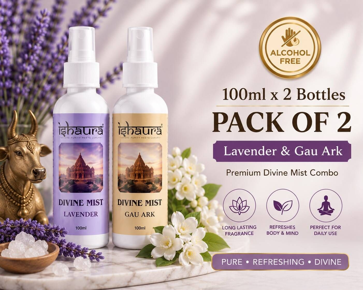Lavender & Gau Ark Spray Divine Mist 100 ml x 2 Bottles | Lavender & Gau Ark Combo | Alcohol Free Body & Room Mist Spray | Long Lasting Fragrance | Premium Divine Mist for Home, Office, Temple & Daily Use-image-11