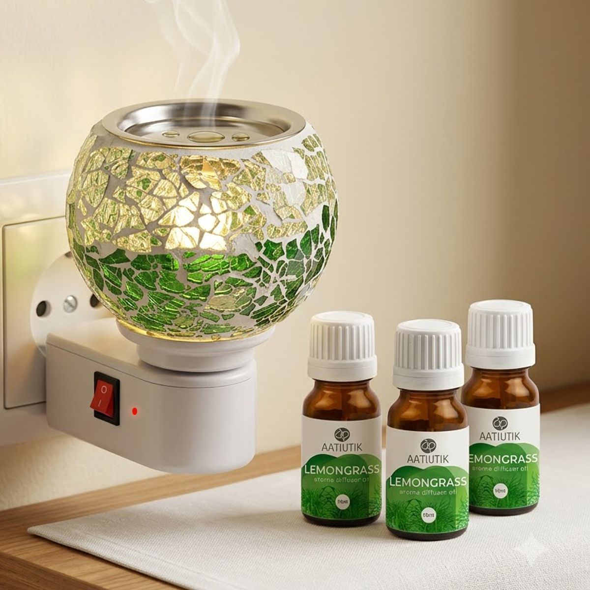 Lemongrass Home Fragrance Air Freshener Diffuser Set Premium Electric Camphor Kapoor Dani & Aroma Oil Burner Diffuser with Set of 3 (10ml Each) Aroma Oils| Night Lamp Light | Plug-in Ceramic Mosaic Fragrance Diffuser | Essential Oil Burner | Camphor Burner | Home, Office, Hotel, Spa & Temple Air Freshener (White & Green)-image-19